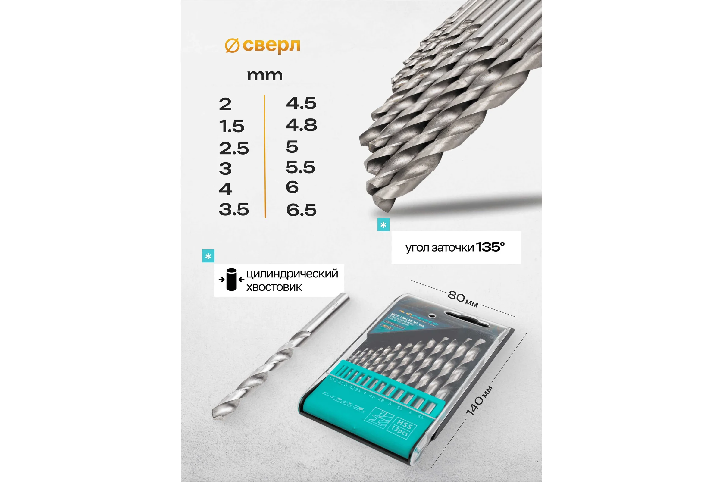 Набор сверл по металлу, iLOFORCE 13 предметов, 1.5-6.5мм IF-DBS13(60703)