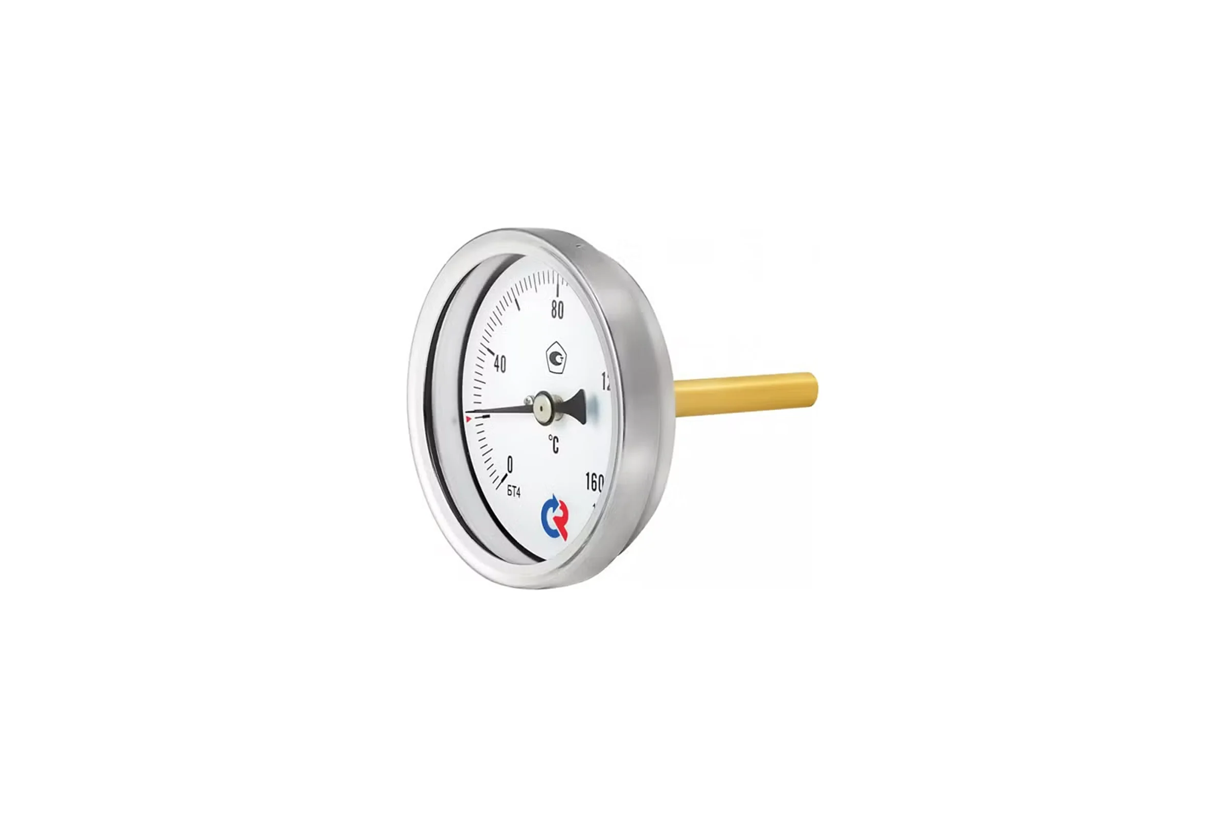 Осевой термометр РОСМА  БТ-41.211 (0-160°C) ДК80, длина погружной части 100мм, резьба G1/2, класс точности 1.5, с защитной латунной гильзой D070-00589
