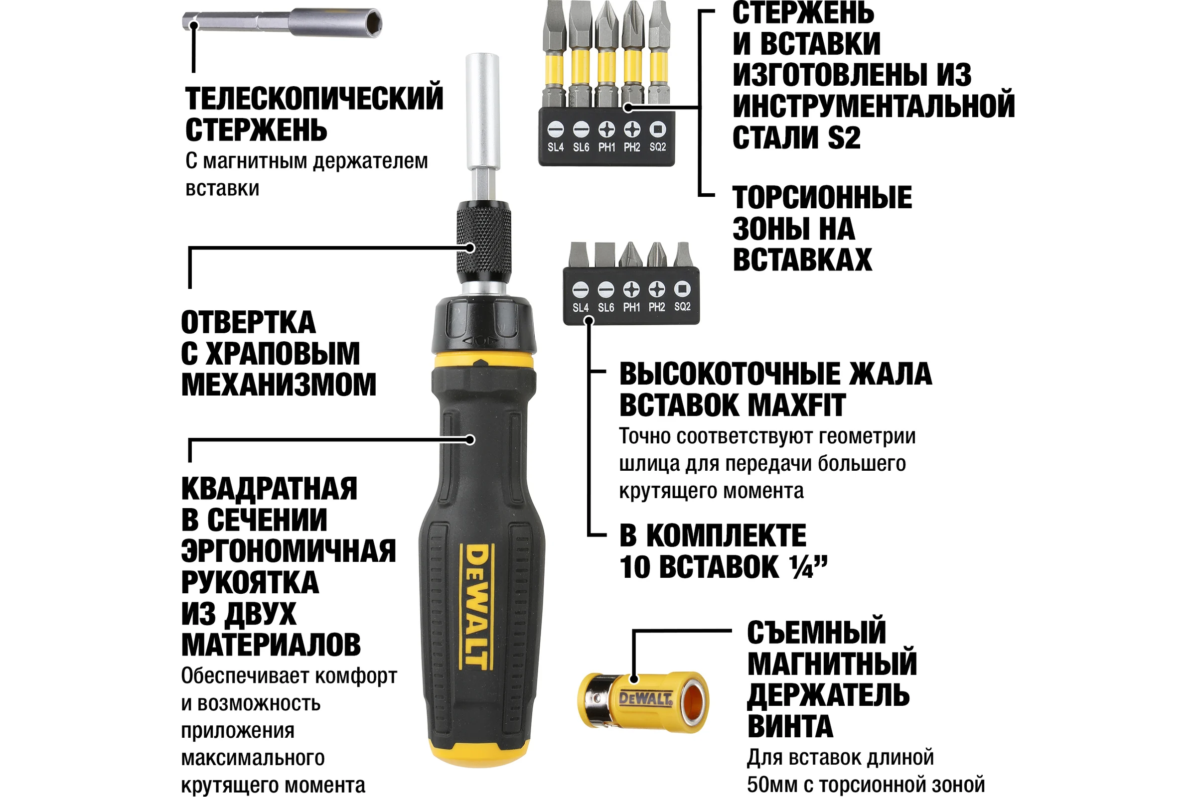 Отвертка со сменными вставками DEWALT 10 шт DWHT0-66567