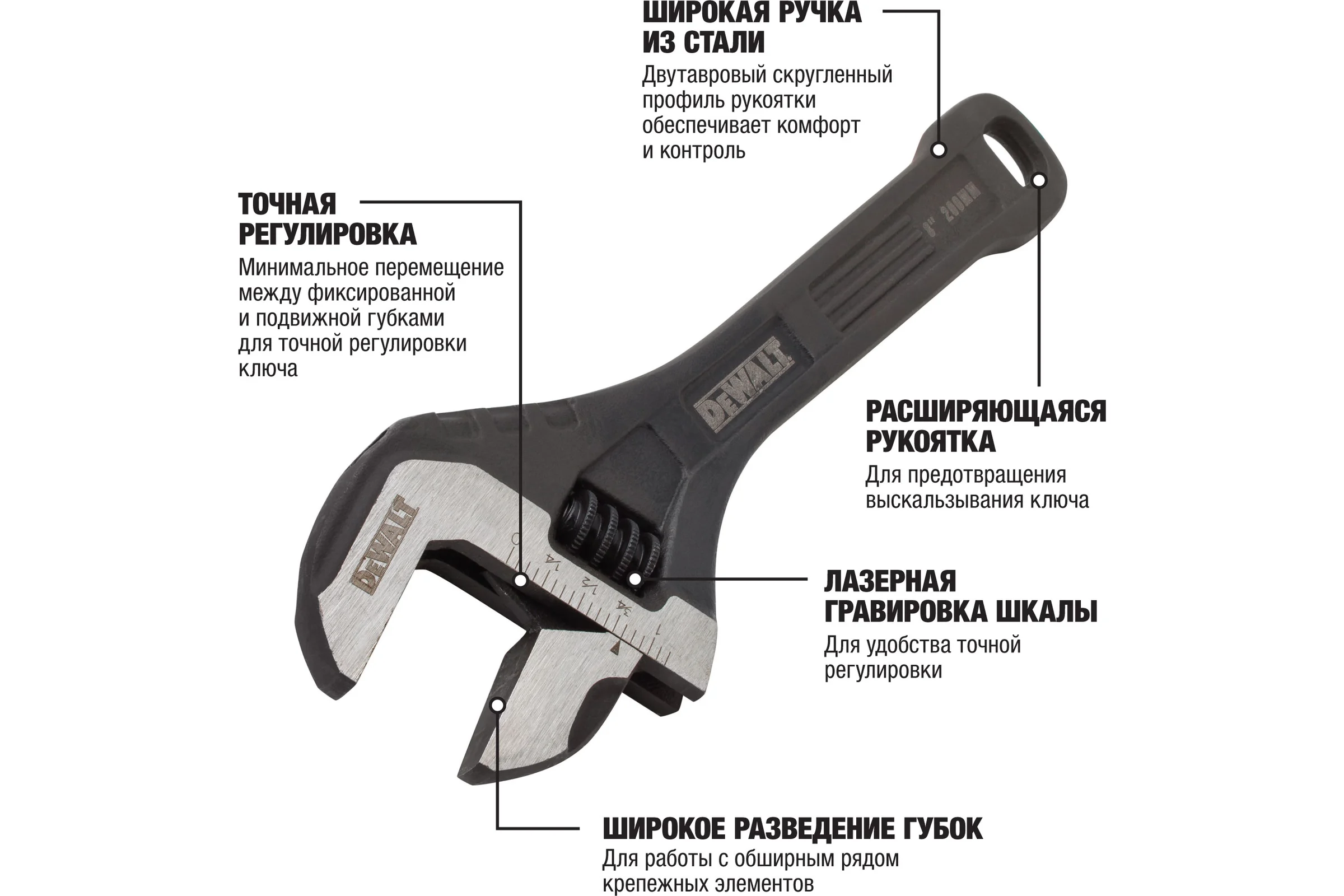 Разводной ключ DEWALT цельностальной, 8"-200 мм DWHT80267-0