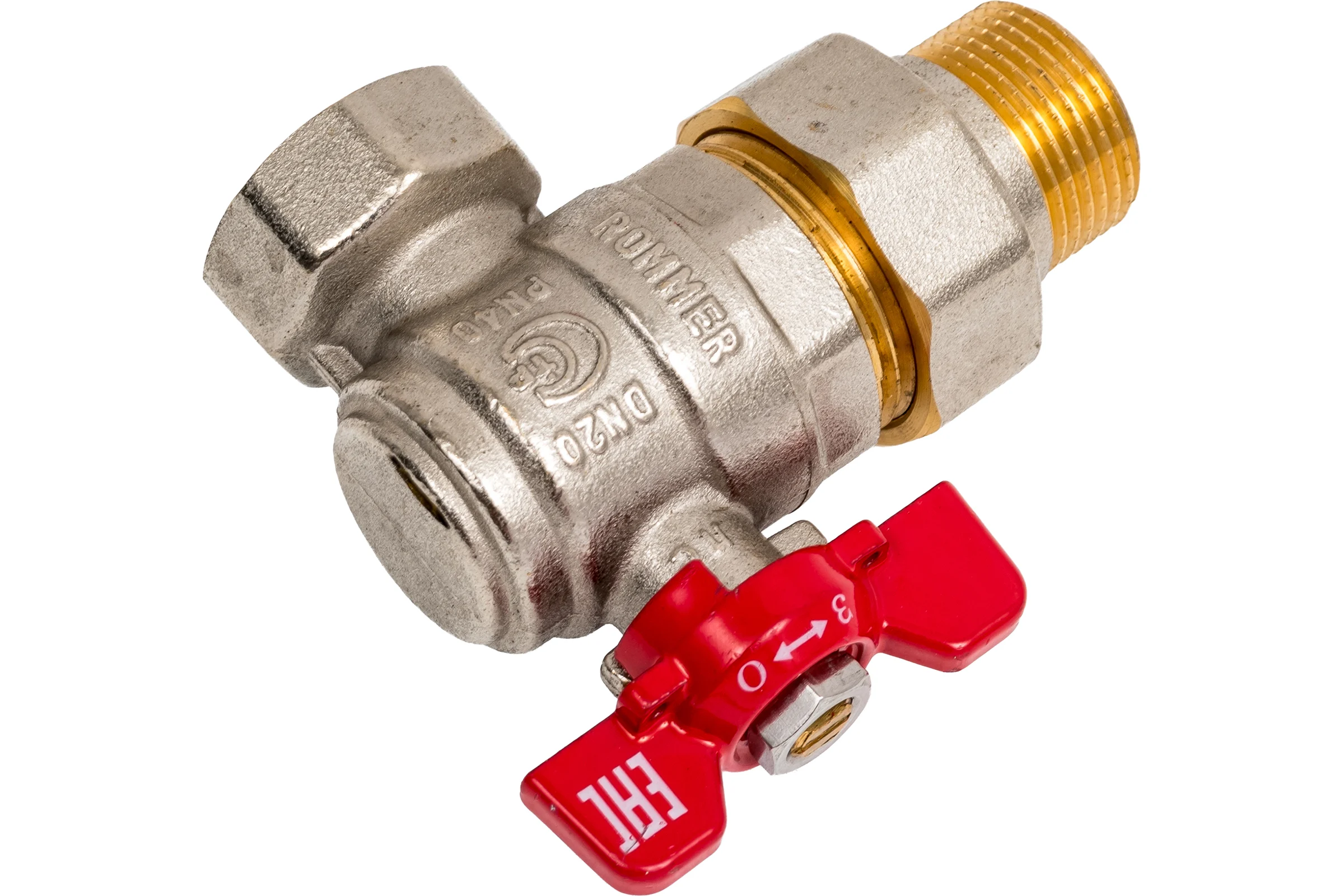 Шаровой кран ROMMER RBV-0006-2610220 неполнопроходной, угловой, с американкой RG00938RJN7385