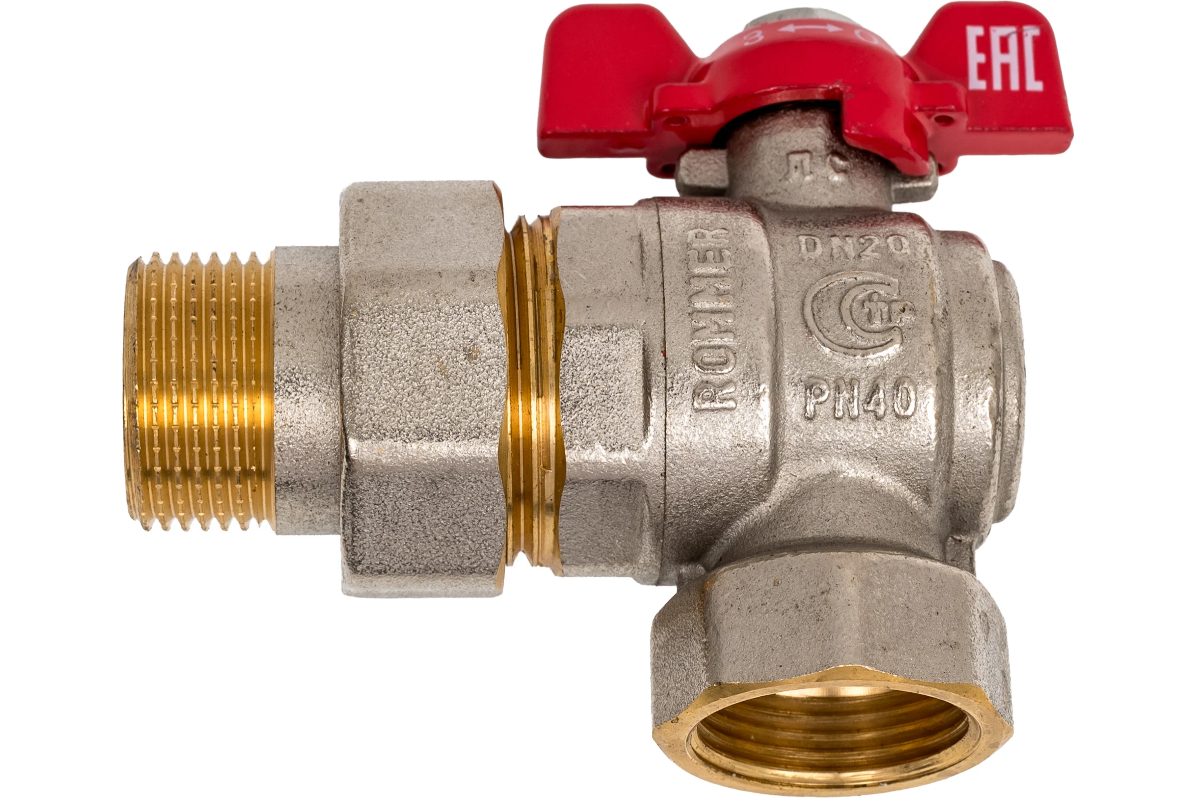 Шаровой кран ROMMER RBV-0006-2610220 неполнопроходной, угловой, с американкой RG00938RJN7385