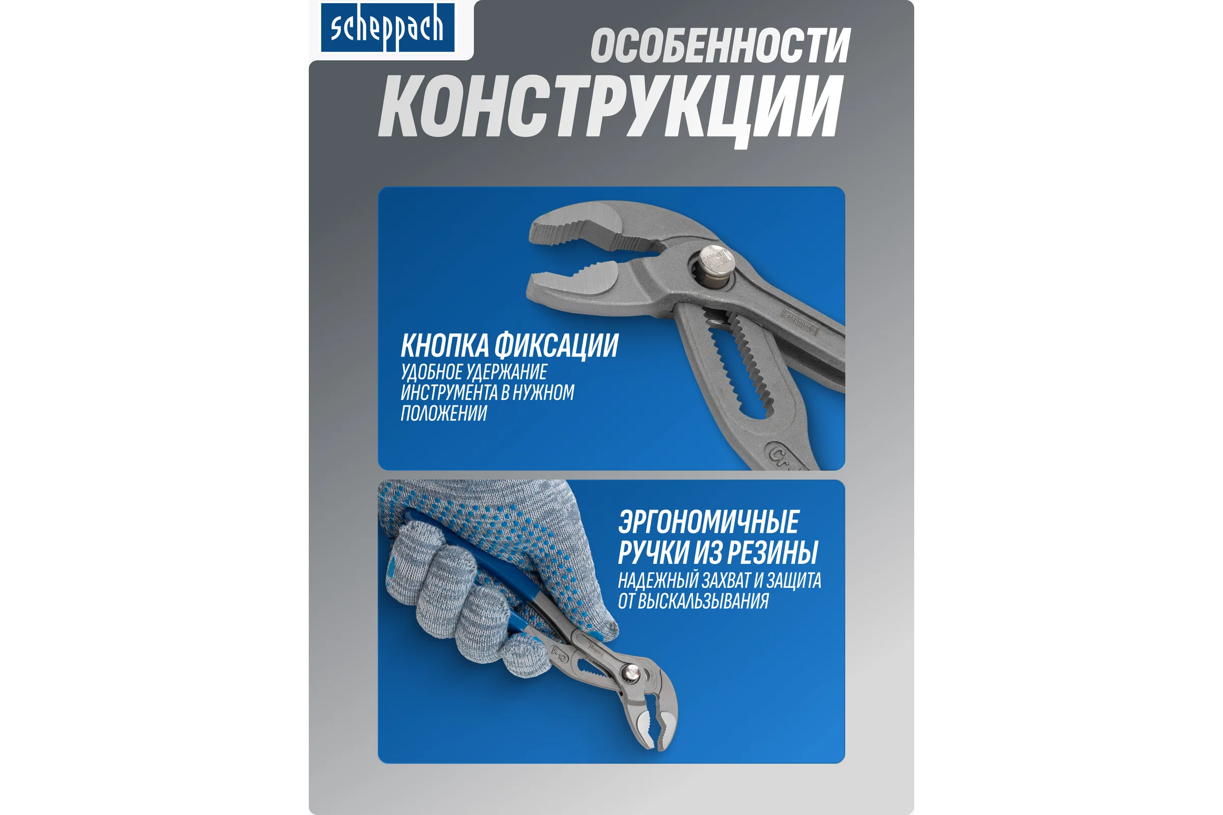 Пассатижи переставные сантехнические с кнопкой фиксации Scheppach Cr-V 175мм, на блистере Sch-613U175(60321)