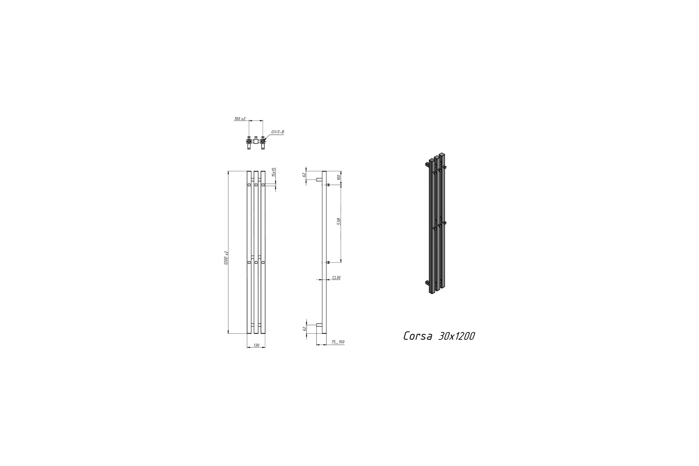 Водяной полотенцесушитель Grota Corsa 130x1200 черный Corsa 130x1200 N RAL9005
