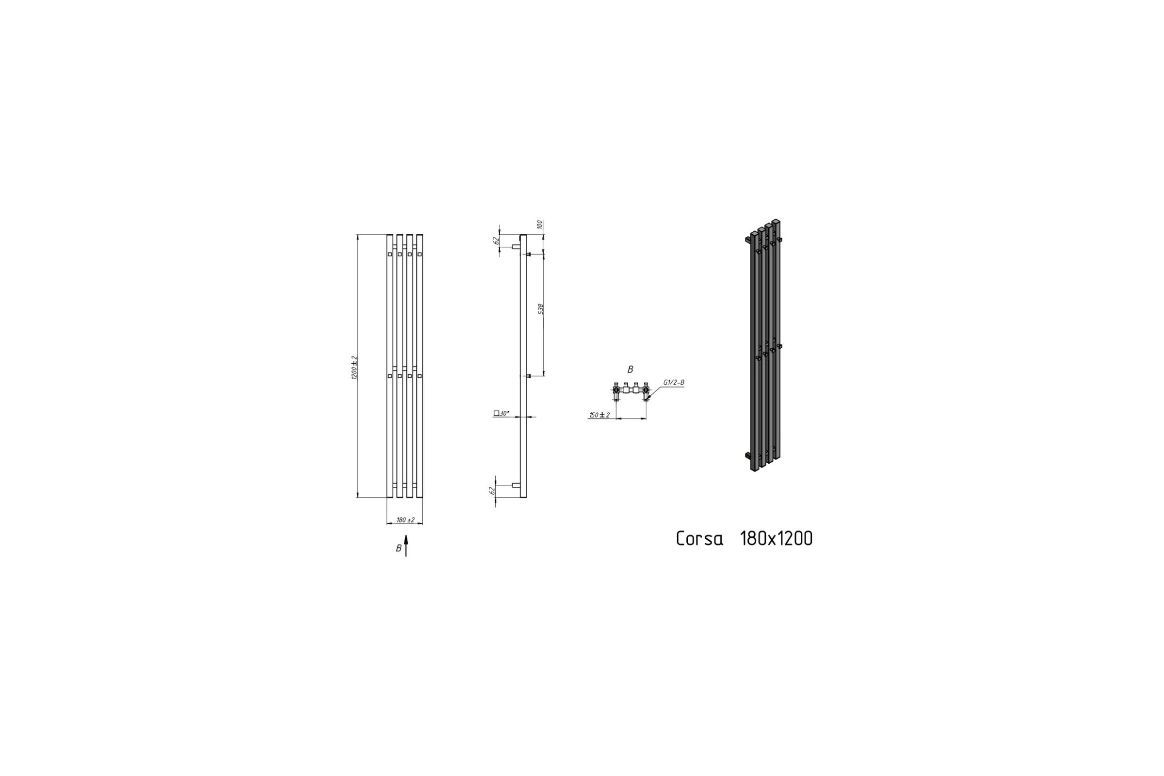 Водяной полотенцесушитель Grota Corsa 180x1200 черный Corsa 180x1200 N RAL9005