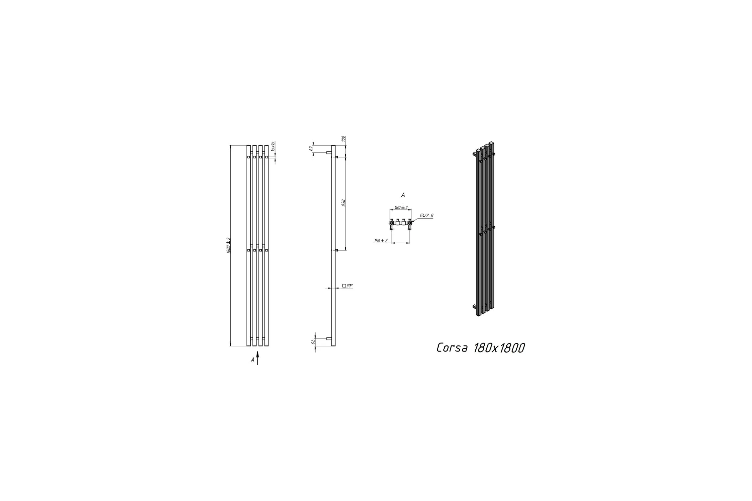 Водяной полотенцесушитель Grota Corsa 180x1800 черный Corsa 180x1800 N RAL9005