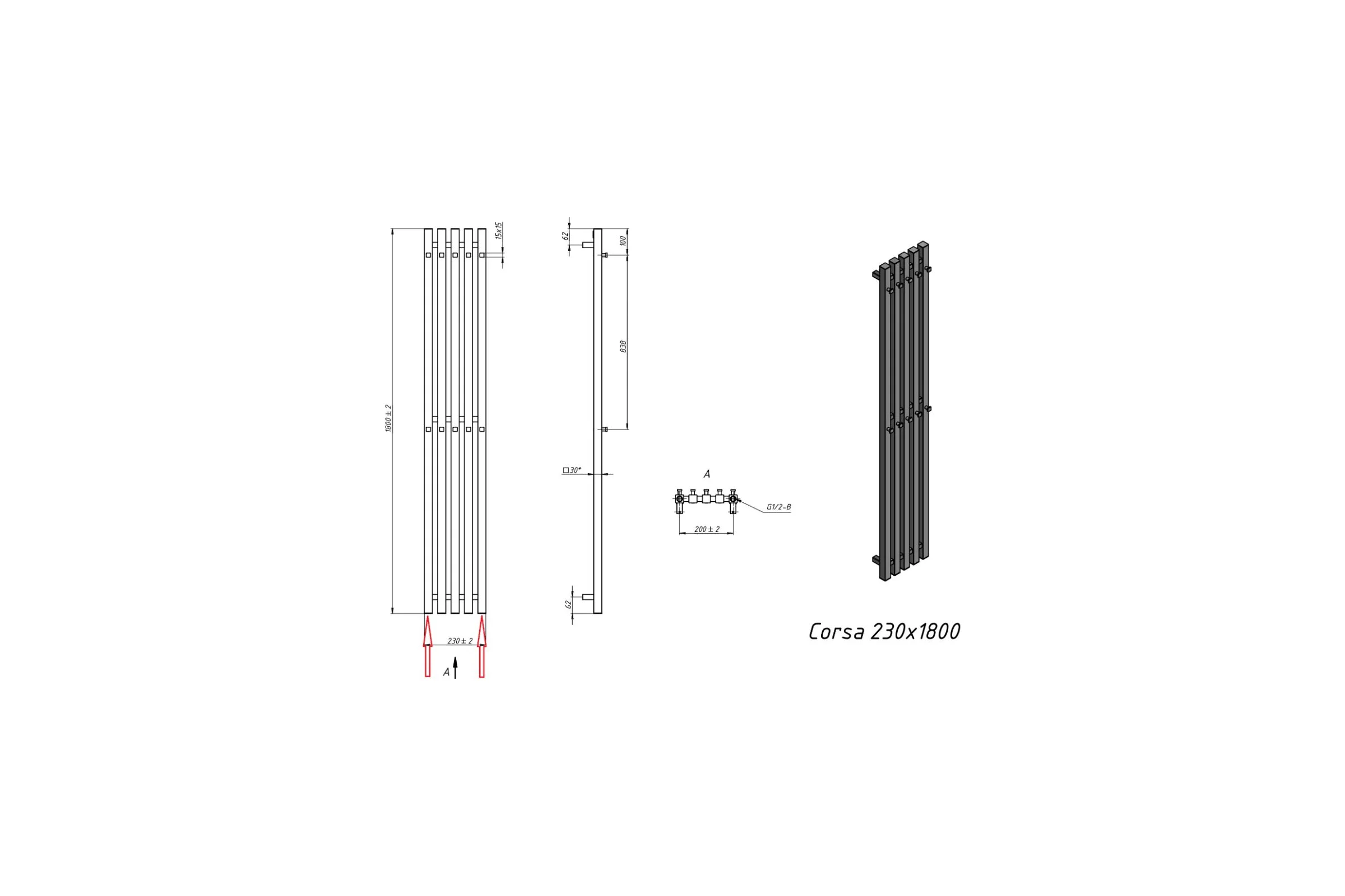 Водяной полотенцесушитель Grota Corsa 230x1800 черный Corsa 230x1800 N RAL9005