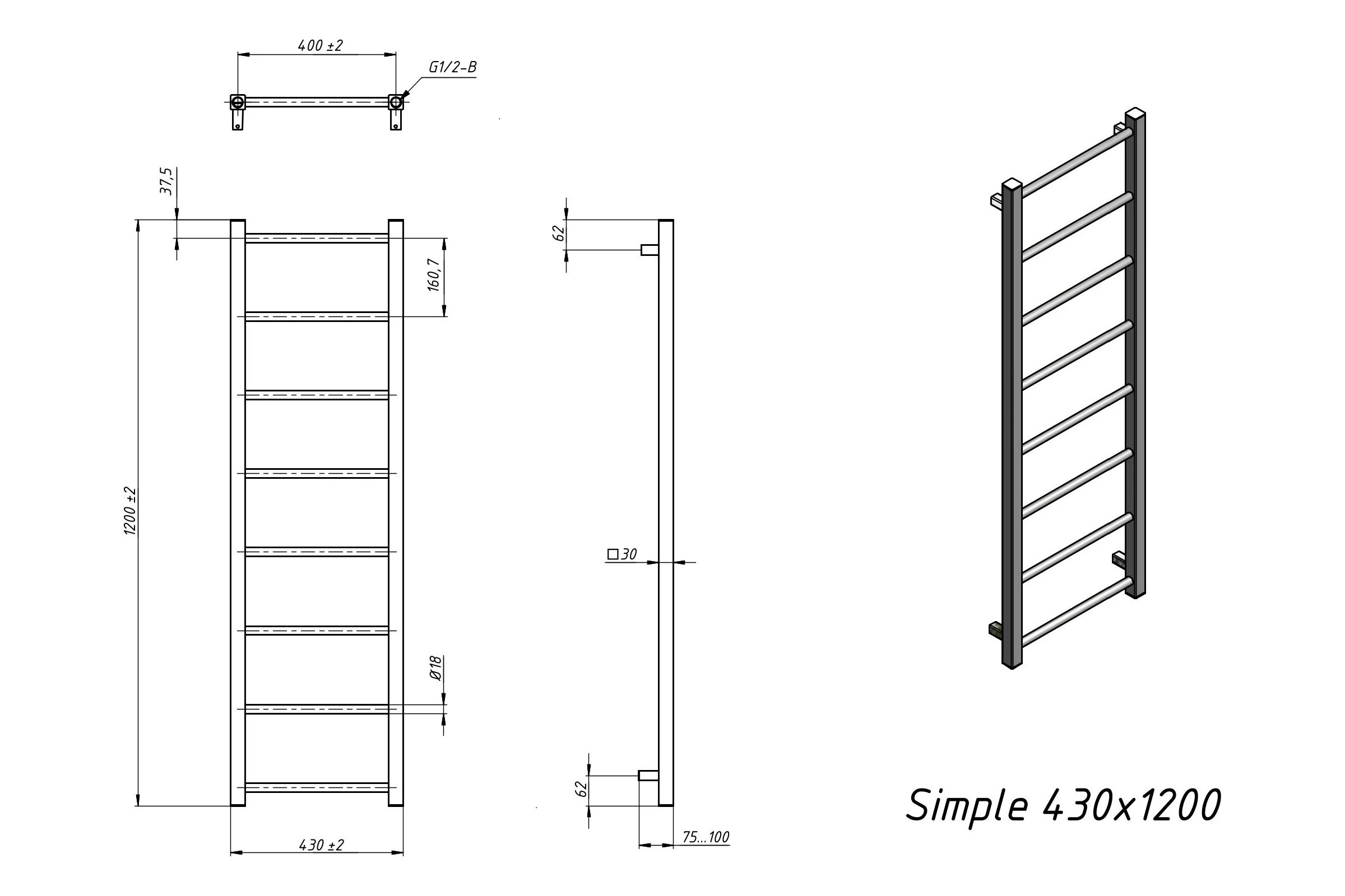 Полотенцесушитель водяной Grota Simple 430x1200 хром глянцевый Simple 430x1200 NP