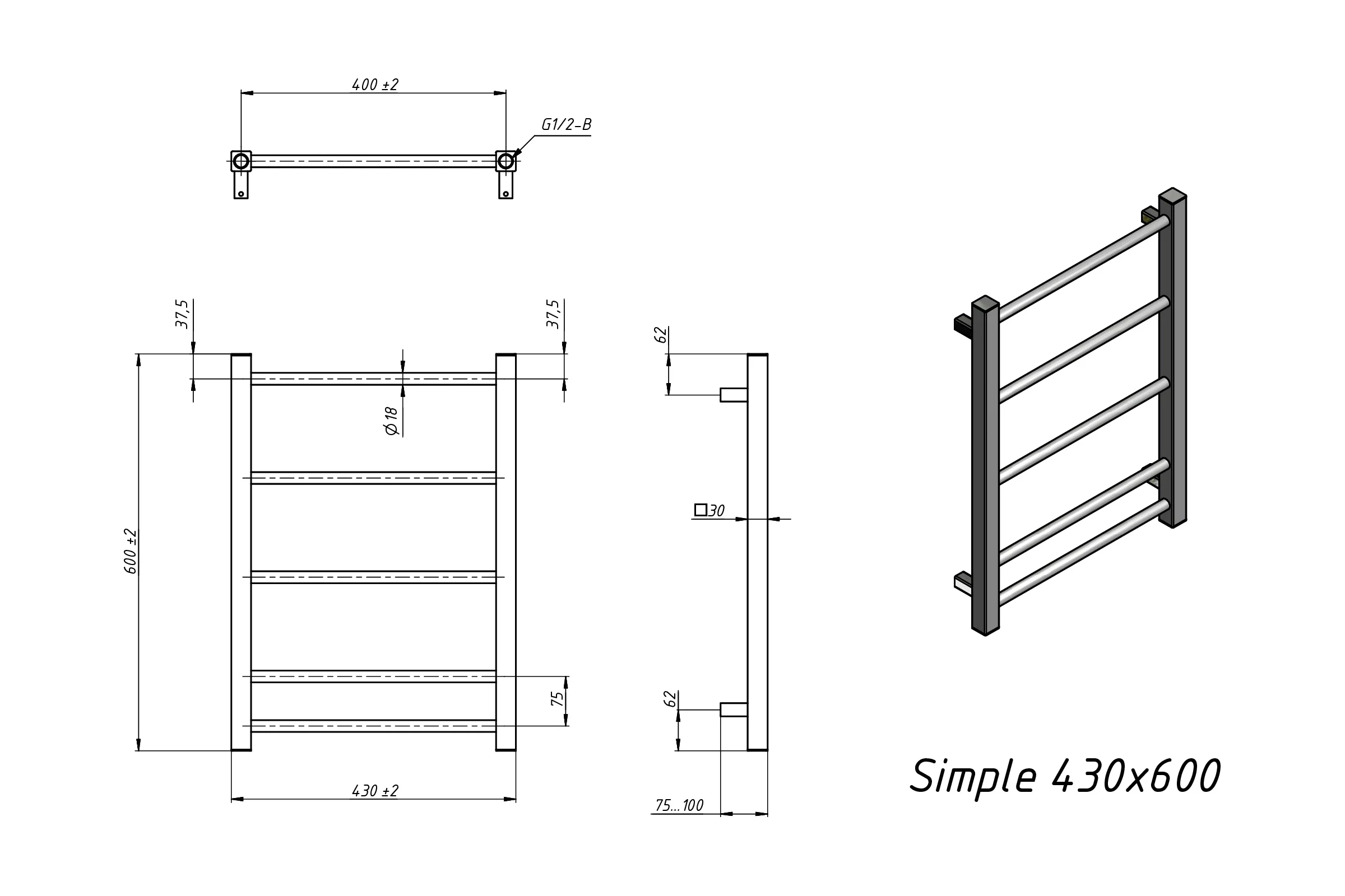 Полотенцесушитель водяной Grota Simple 430x600 хром глянцевый Simple 430x600 NP