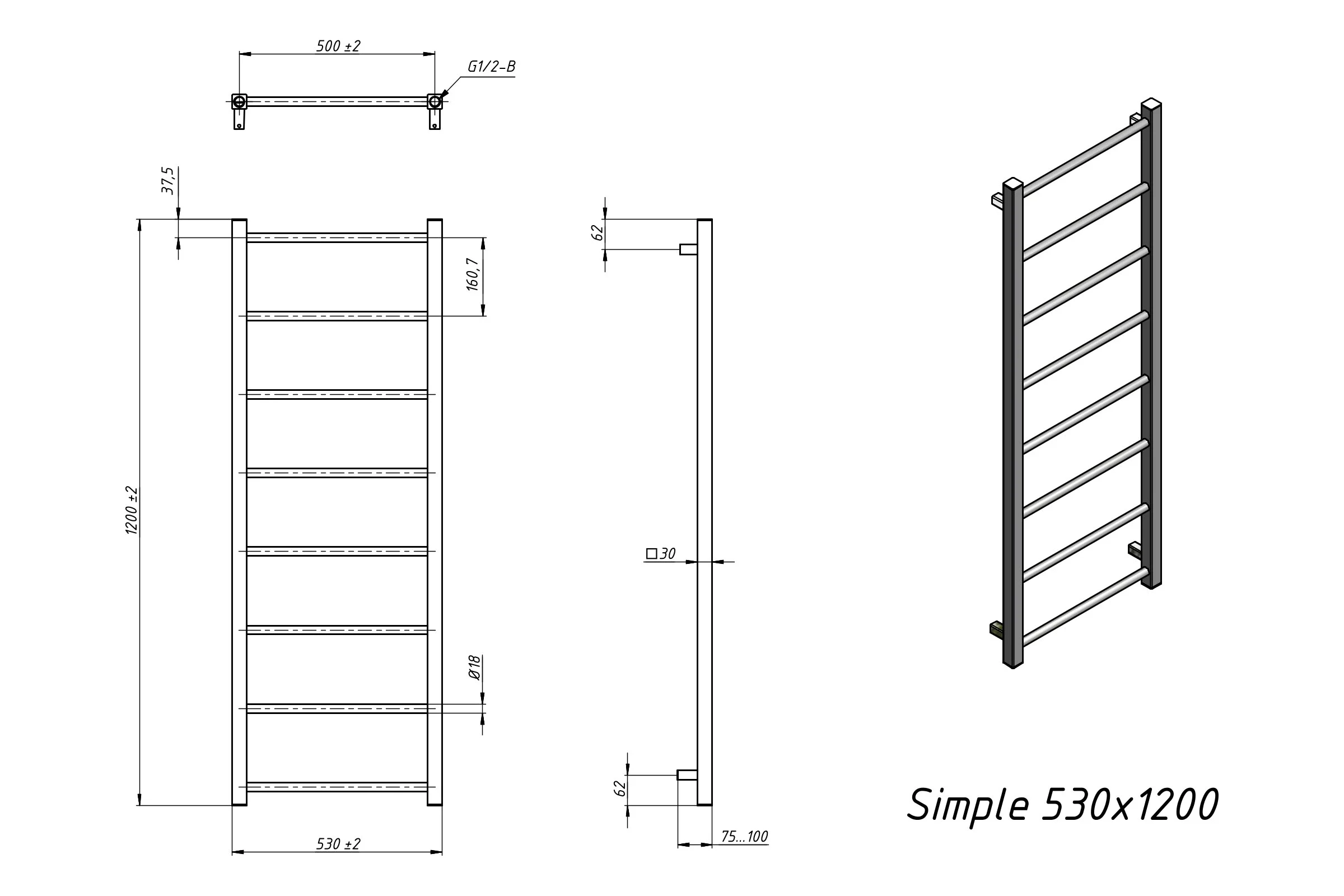Полотенцесушитель водяной Grota Simple 530x1200 черный Simple 530x1200 NRAL 9005