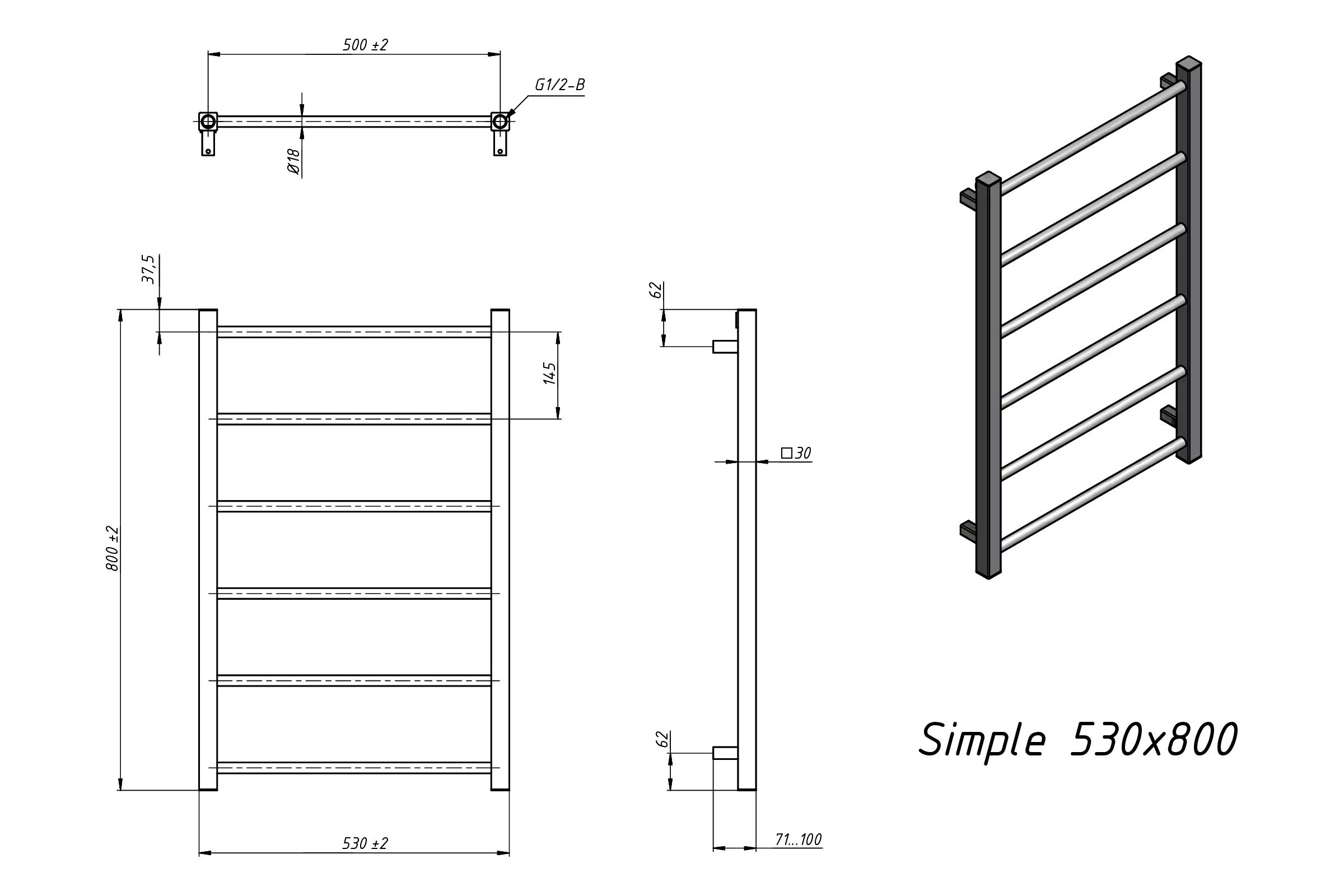 Полотенцесушитель водяной Grota Simple 530x800 черный Simple 530x800 N RAL 9005