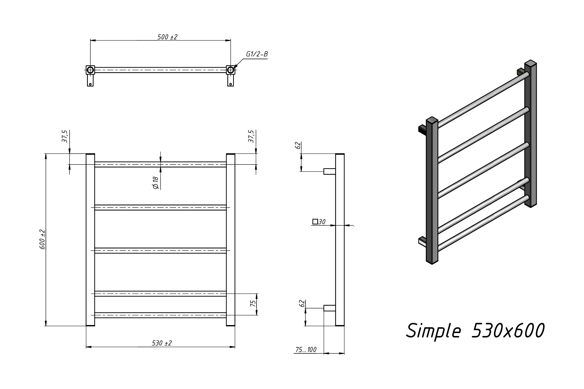 Полотенцесушитель водяной Grota Simple 530x600 черный Simple 530x600 N RAL 9005