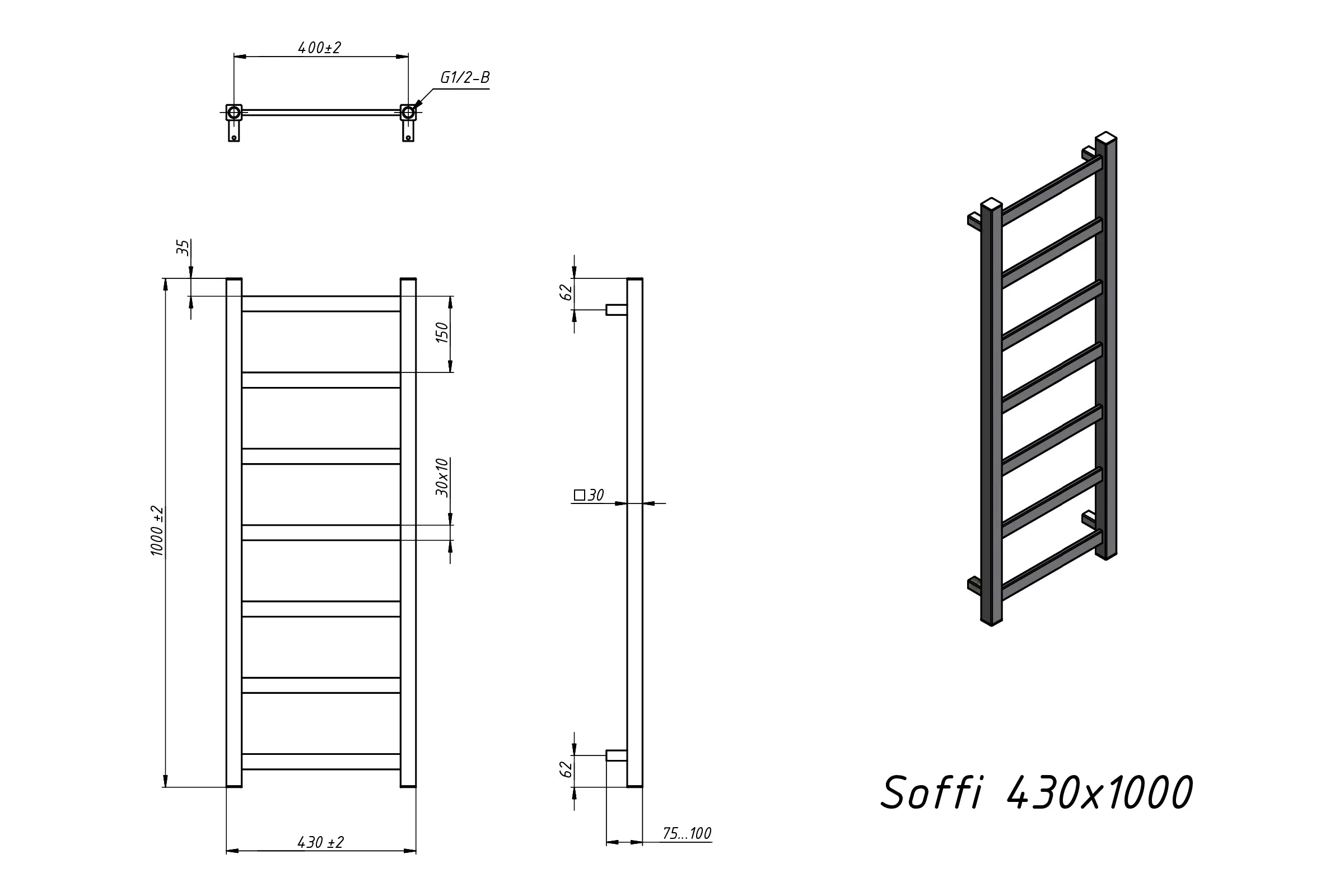 Полотенцесушитель водяной Grota Soffi 430x1000 черный Soffi 430x1000 N RAL9005