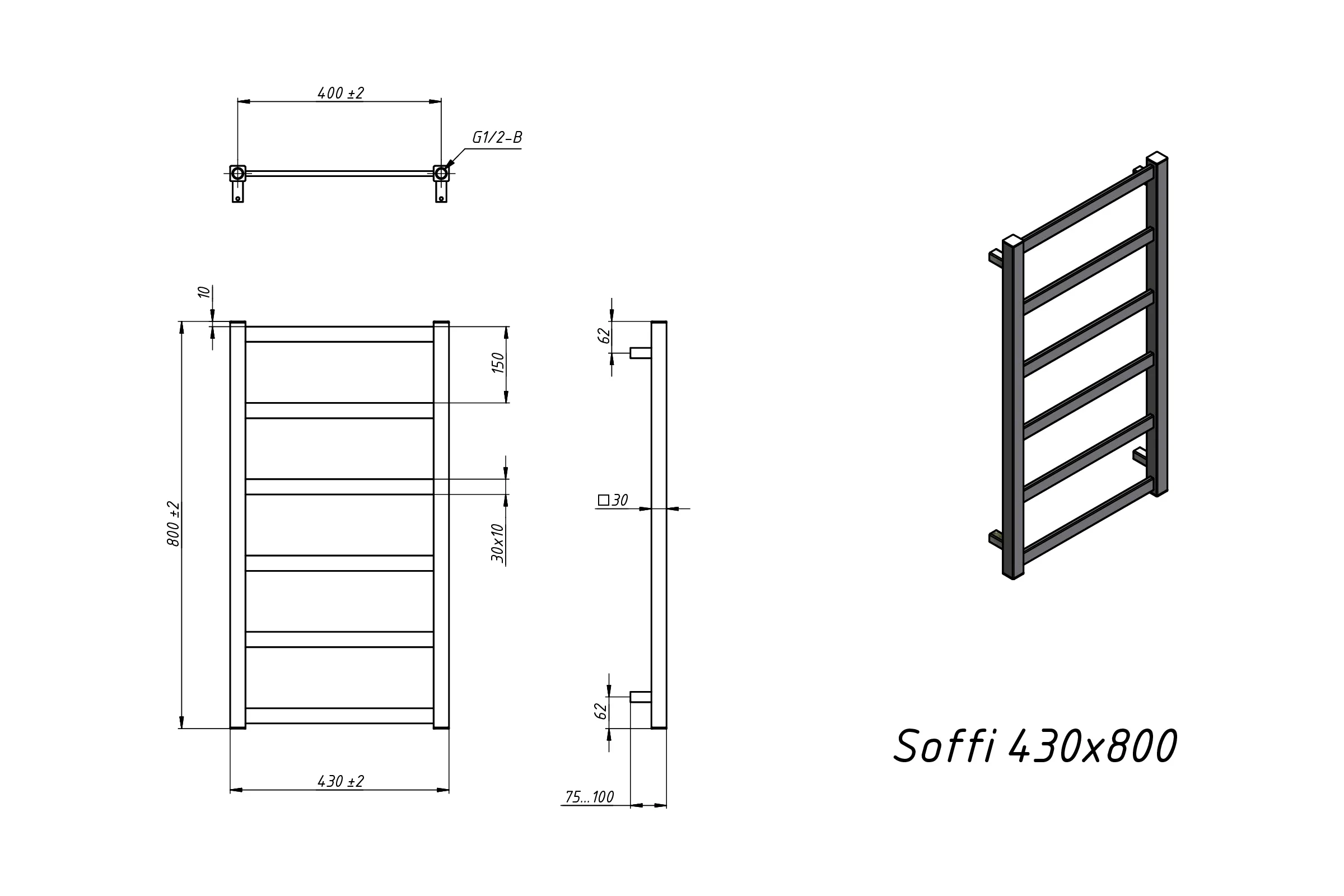 Полотенцесушитель водяной Grota Soffi 430x800 черный Soffi 430x800 N RAL9005