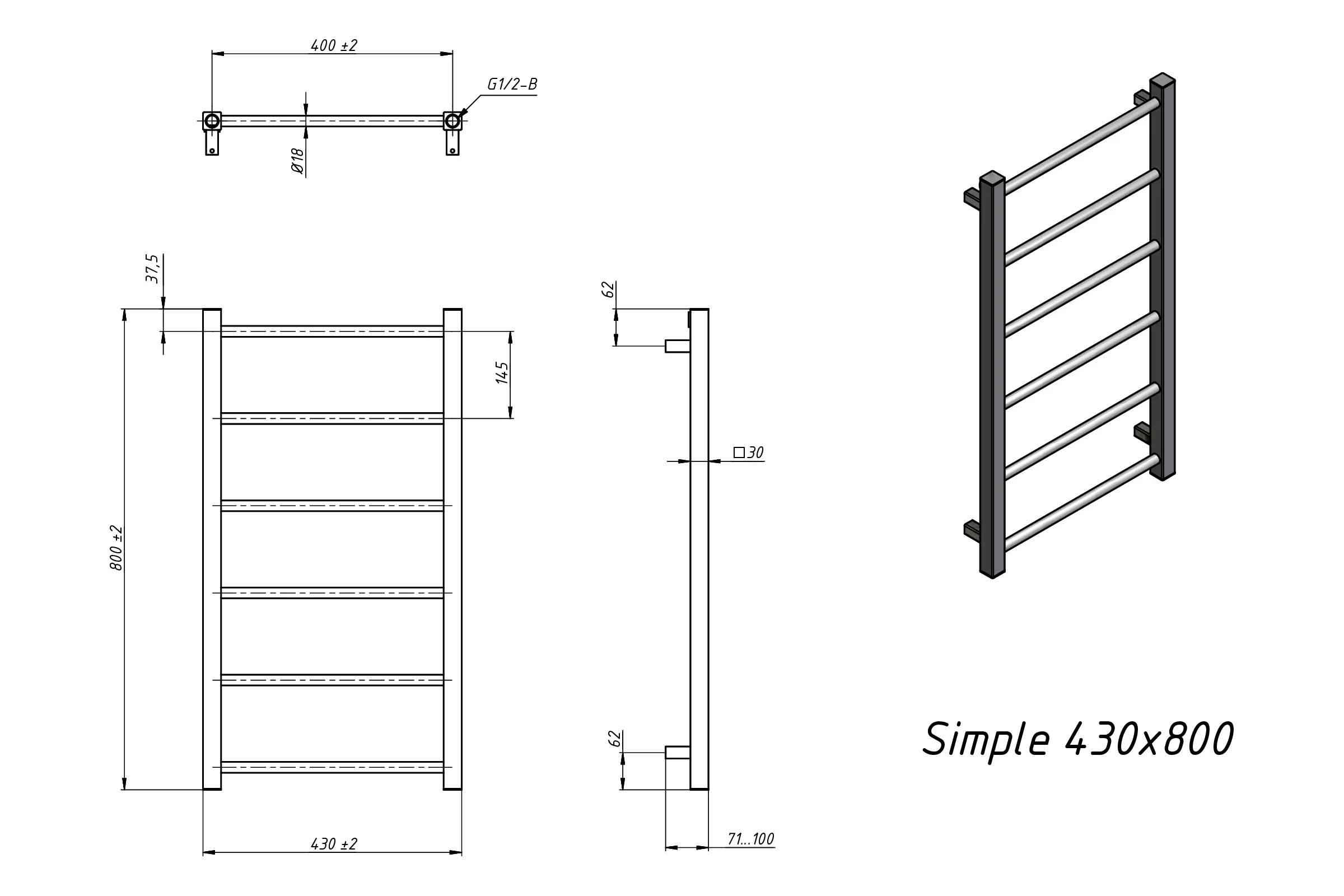 Полотенцесушитель электрический Grota Simple 430x800 черный Simple 430x800 N RAL 9005 EL