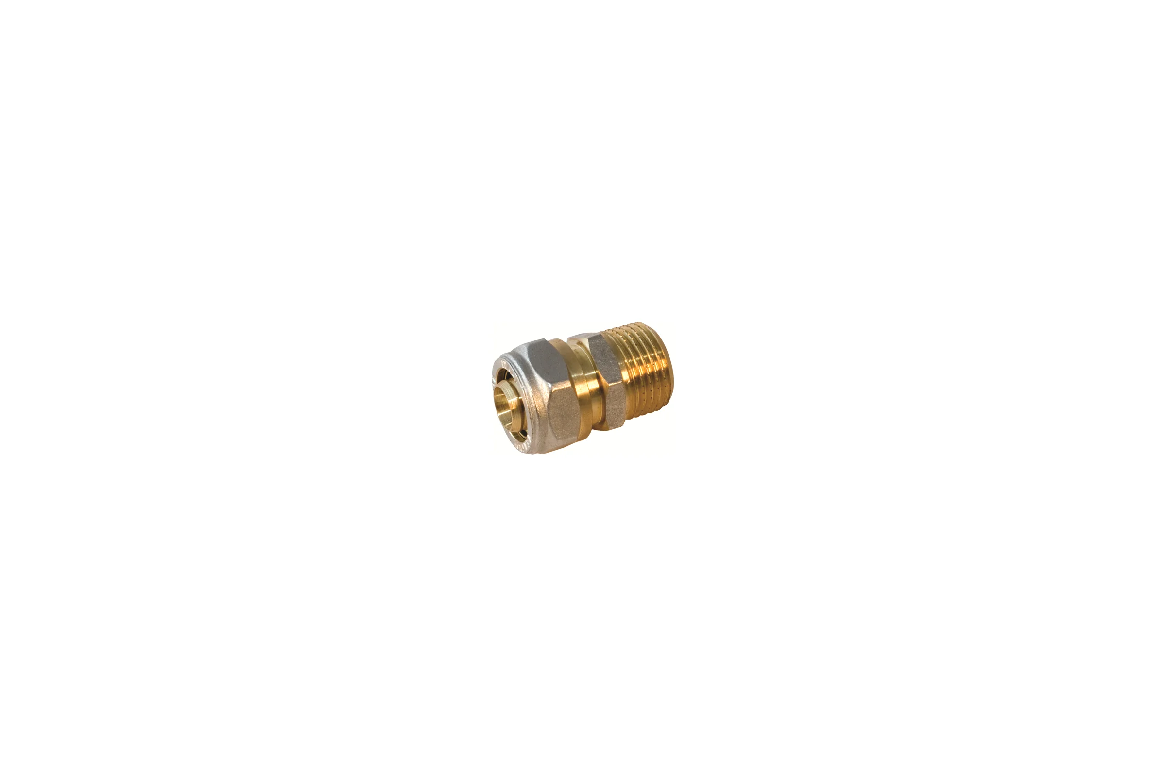 Муфта прямая обжимная Millennium 26 мм × 3/4" с наружной резьбой для металлопластиковых труб — латунный фитинг для систем отопления и водоснабжения MMM3426