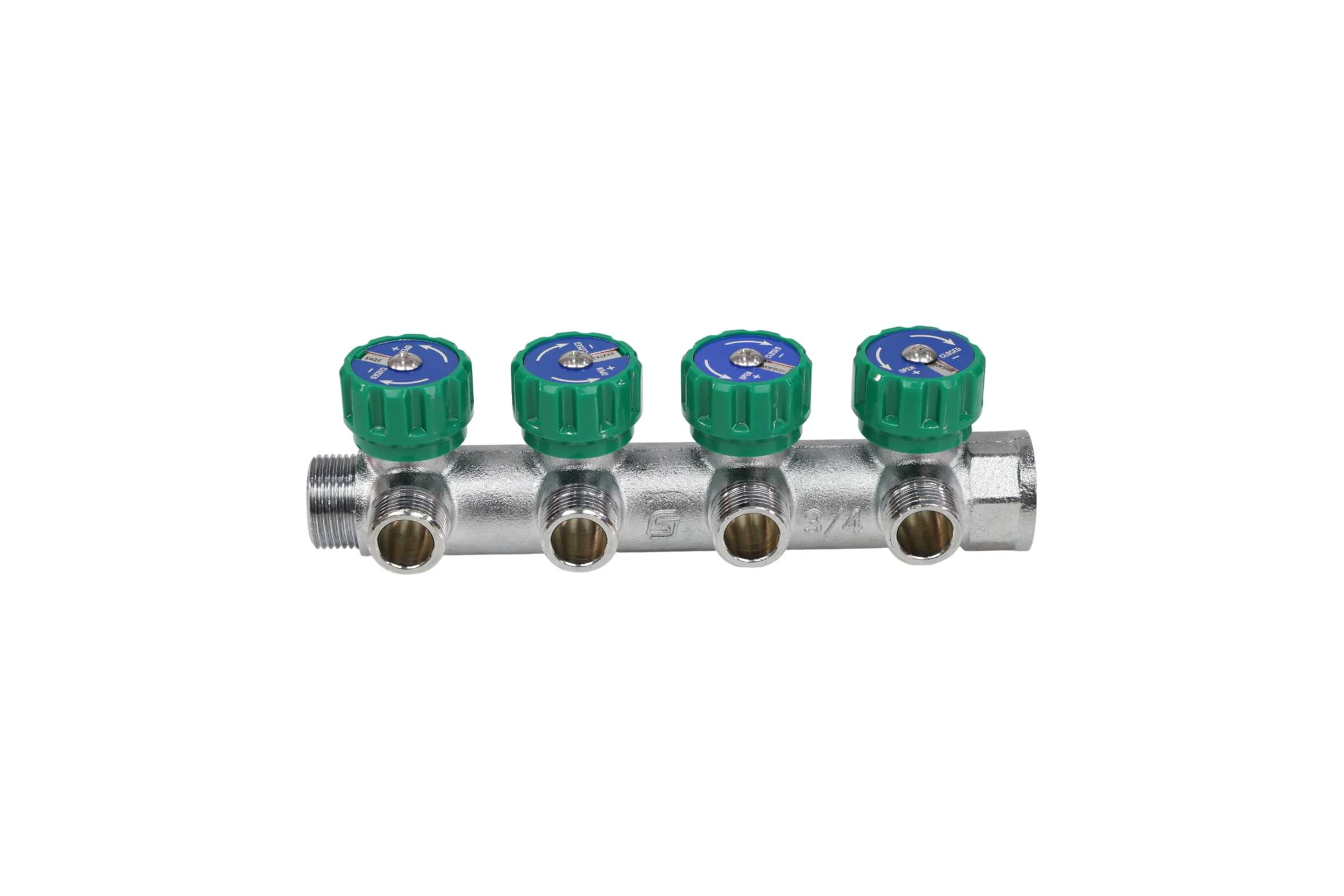 Коллектор лат клап рег SantechSystems 3/4", 4 выхода под плоское уплотнение 1/2" н/р, межосевое расстояние между выходами 45мм 129-8674