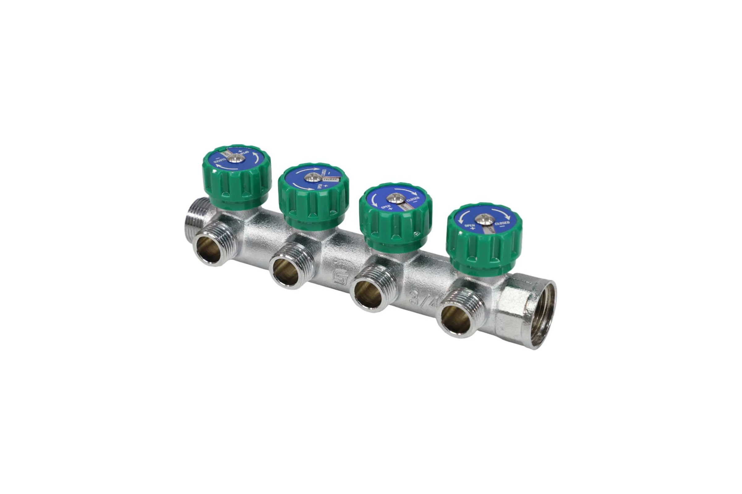 Коллектор лат клап рег SantechSystems 3/4", 4 выхода под плоское уплотнение 1/2" н/р, межосевое расстояние между выходами 45мм 129-8674