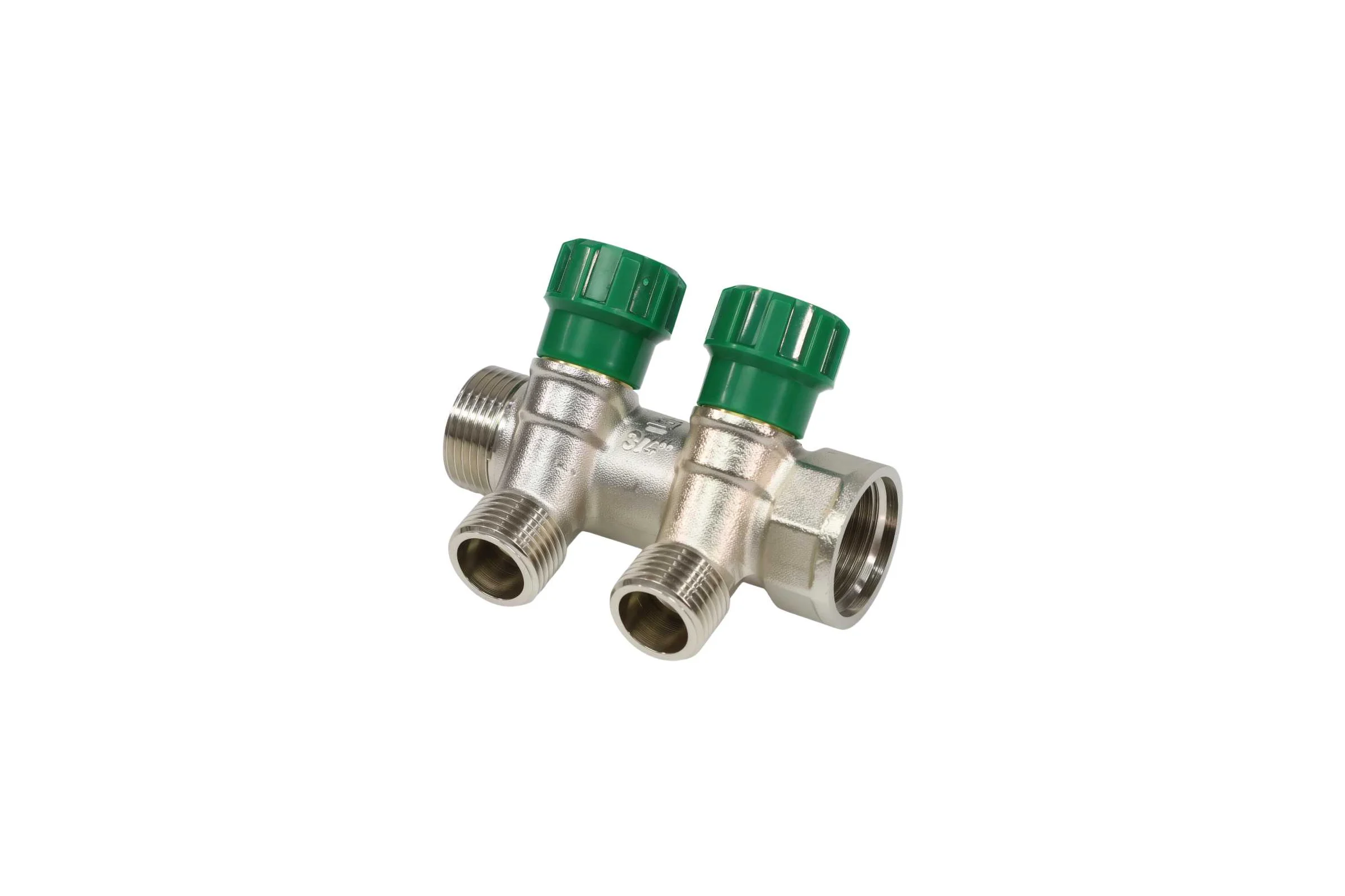 Коллектор с регулирующими клапанами SantechSystems 3/4", 2 выхода под плоское уплотнение 1/2" н/р, межосевое расстояние между выходами 36мм 129-9345