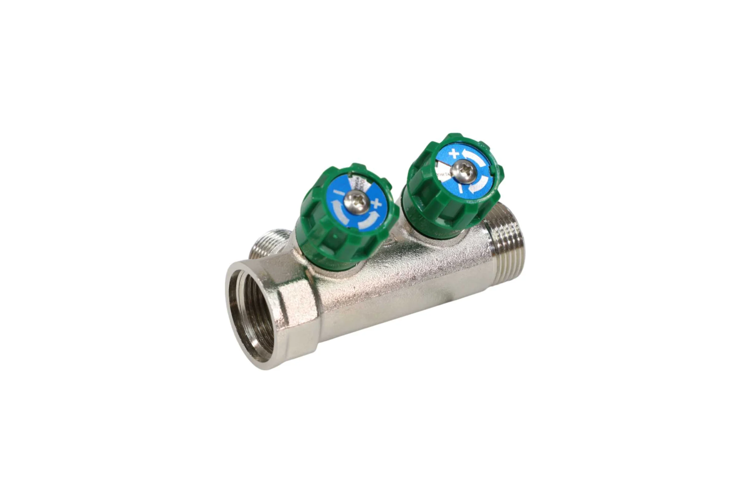 Коллектор с регулирующими клапанами SantechSystems 3/4", 2 выхода под плоское уплотнение 1/2" н/р, межосевое расстояние между выходами 36мм 129-9345