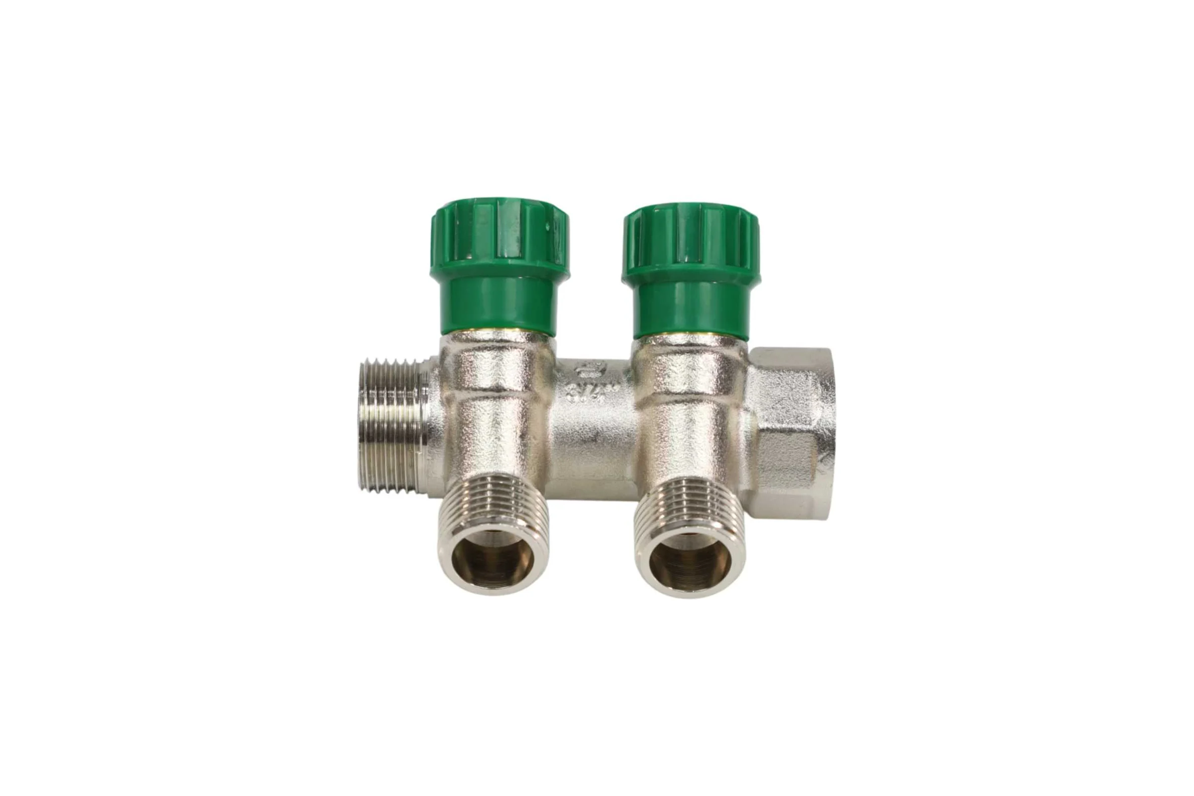 Коллектор с регулирующими клапанами SantechSystems 3/4", 2 выхода под плоское уплотнение 1/2" н/р, межосевое расстояние между выходами 36мм 129-9345