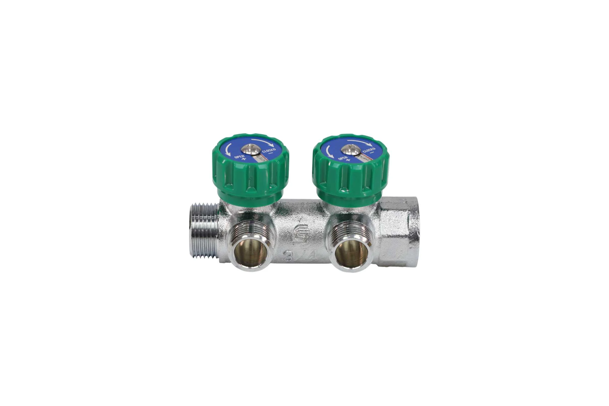 Коллектор с регулирующими клапанами SantechSystems 3/4", 2 выхода под плоское уплотнение 1/2" н/р, межосевое расстояние между выходами 45мм 129-8672