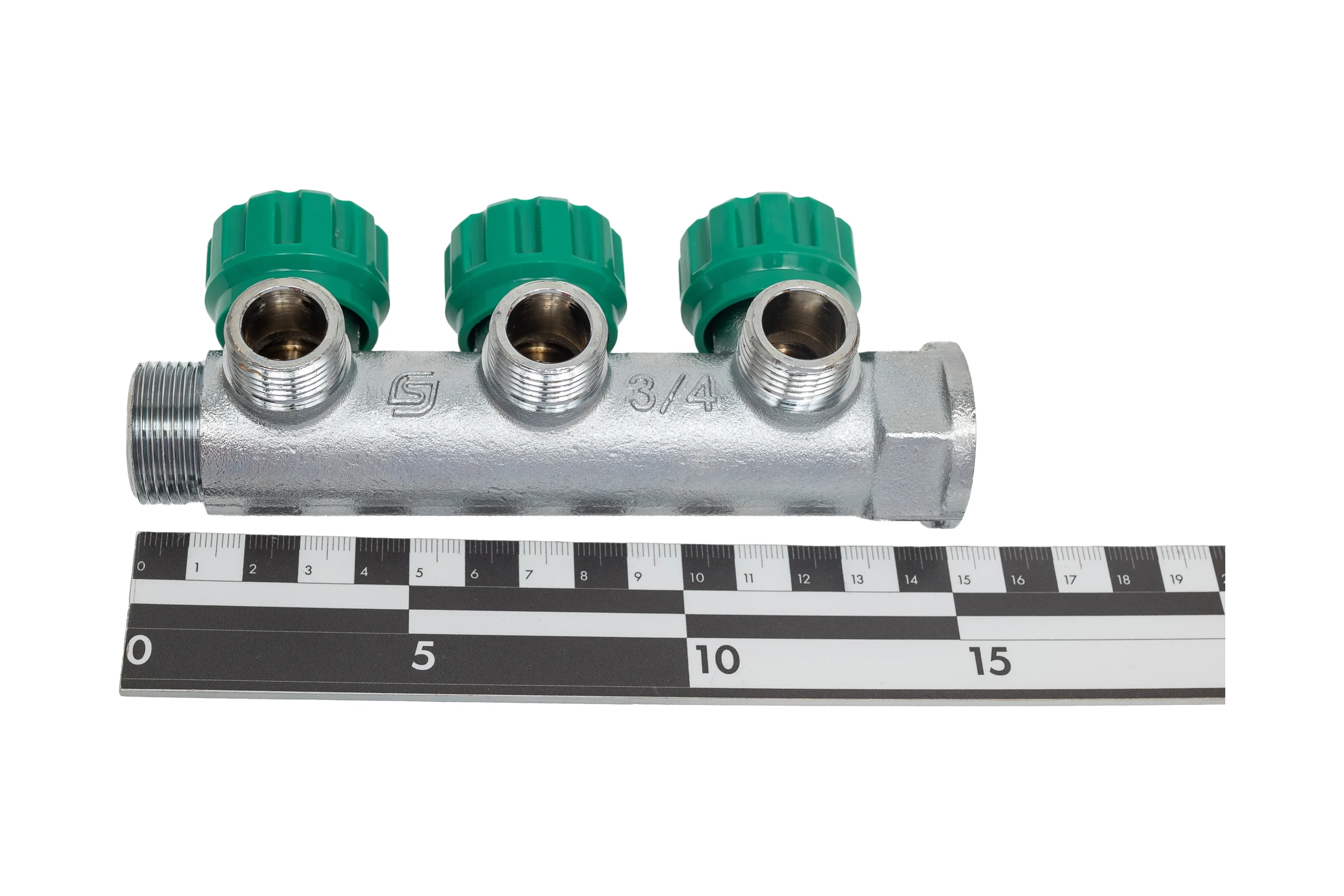 Коллектор лат клап рег SantechSystems 3/4", 3 выхода под плоское уплотнение 1/2" н/р, межосевое расстояние между выходами 45мм 129-8673