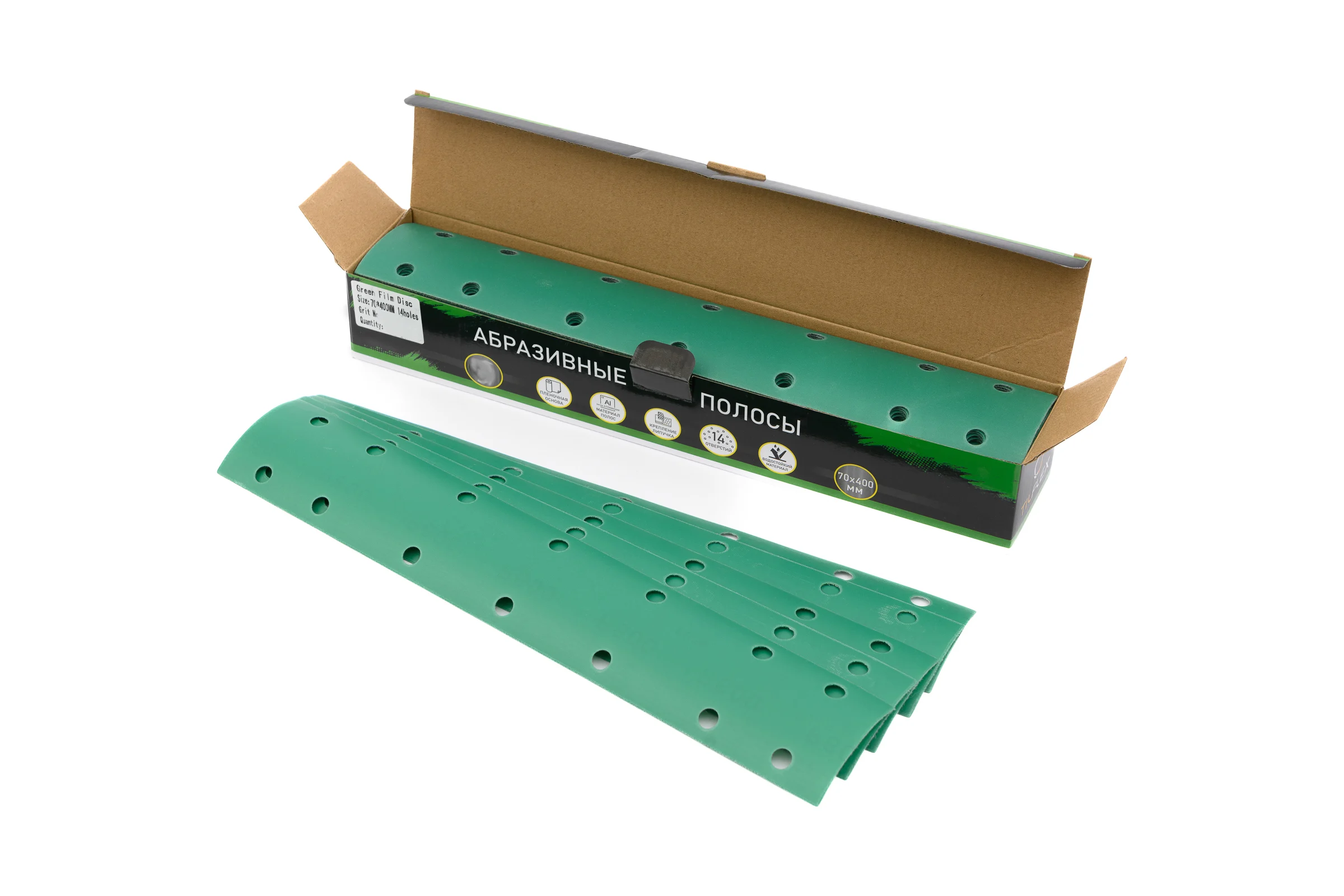 Пoлоса aбразивнaя GREEN FILM 14 отверстий, P500, на липучке, 70х400 мм, 50 шт TILFLEX TL44-500/50