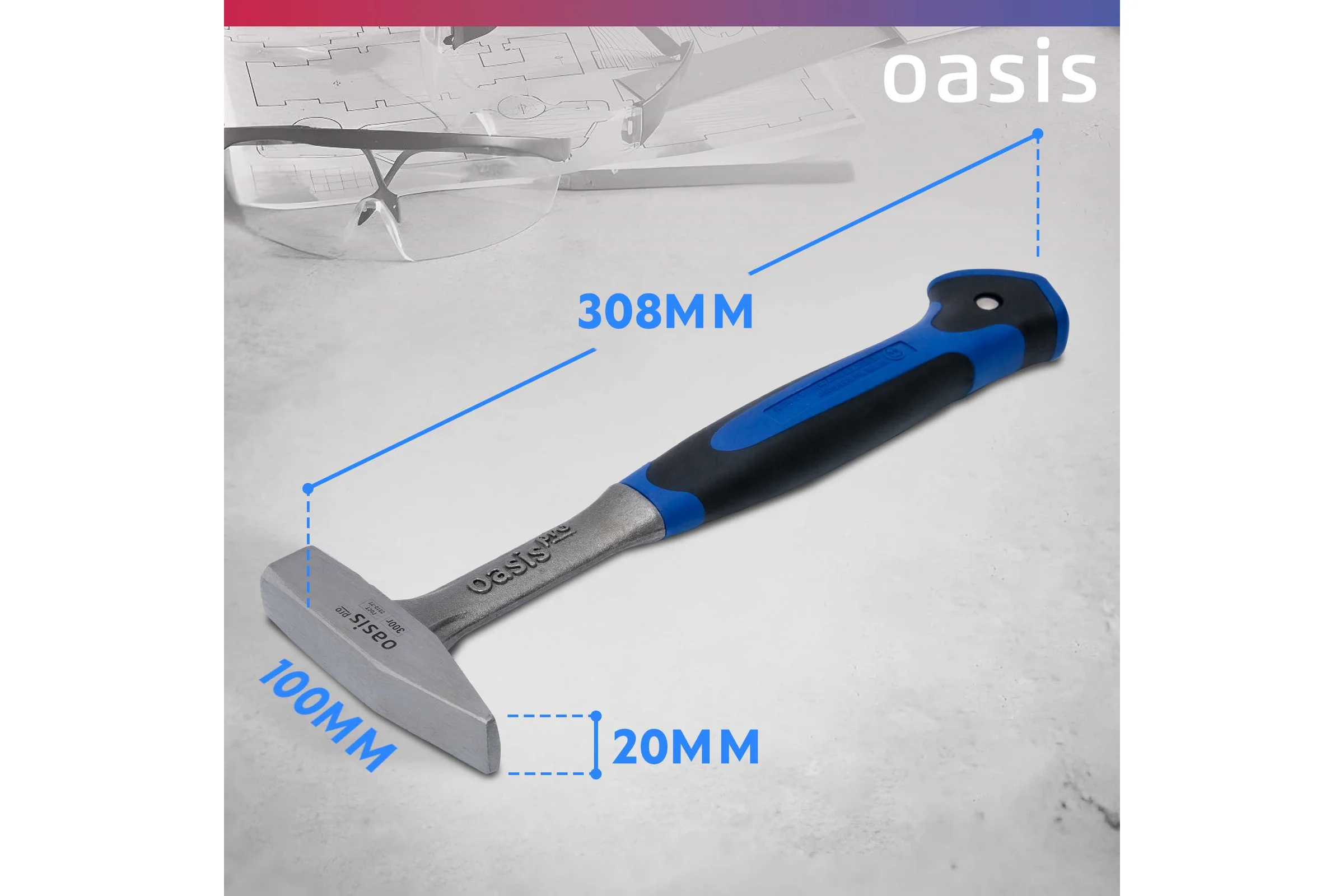 Слесарный молоток OASIS цельнокованый с обрезиненной рукояткой Pro 300 г 103010601001