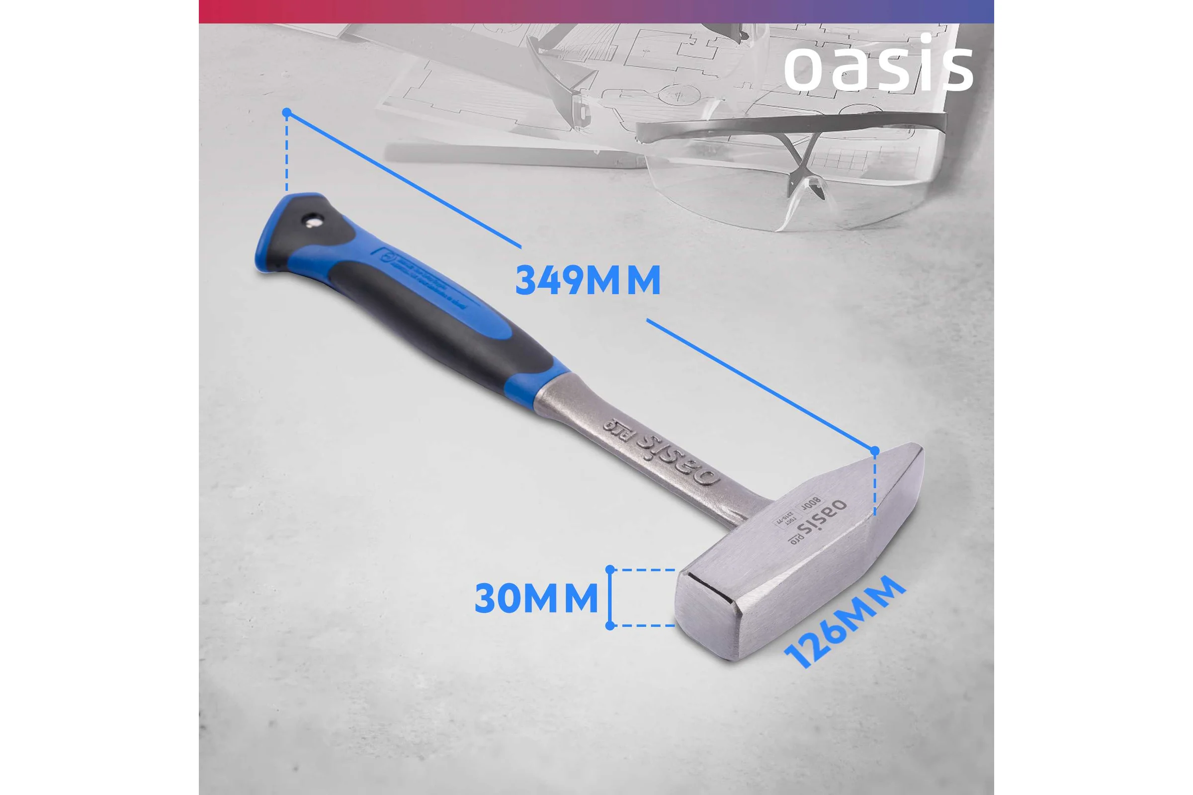 Слесарный молоток OASIS цельнокованый с обрезиненной рукояткой Pro 800 г 103010601003