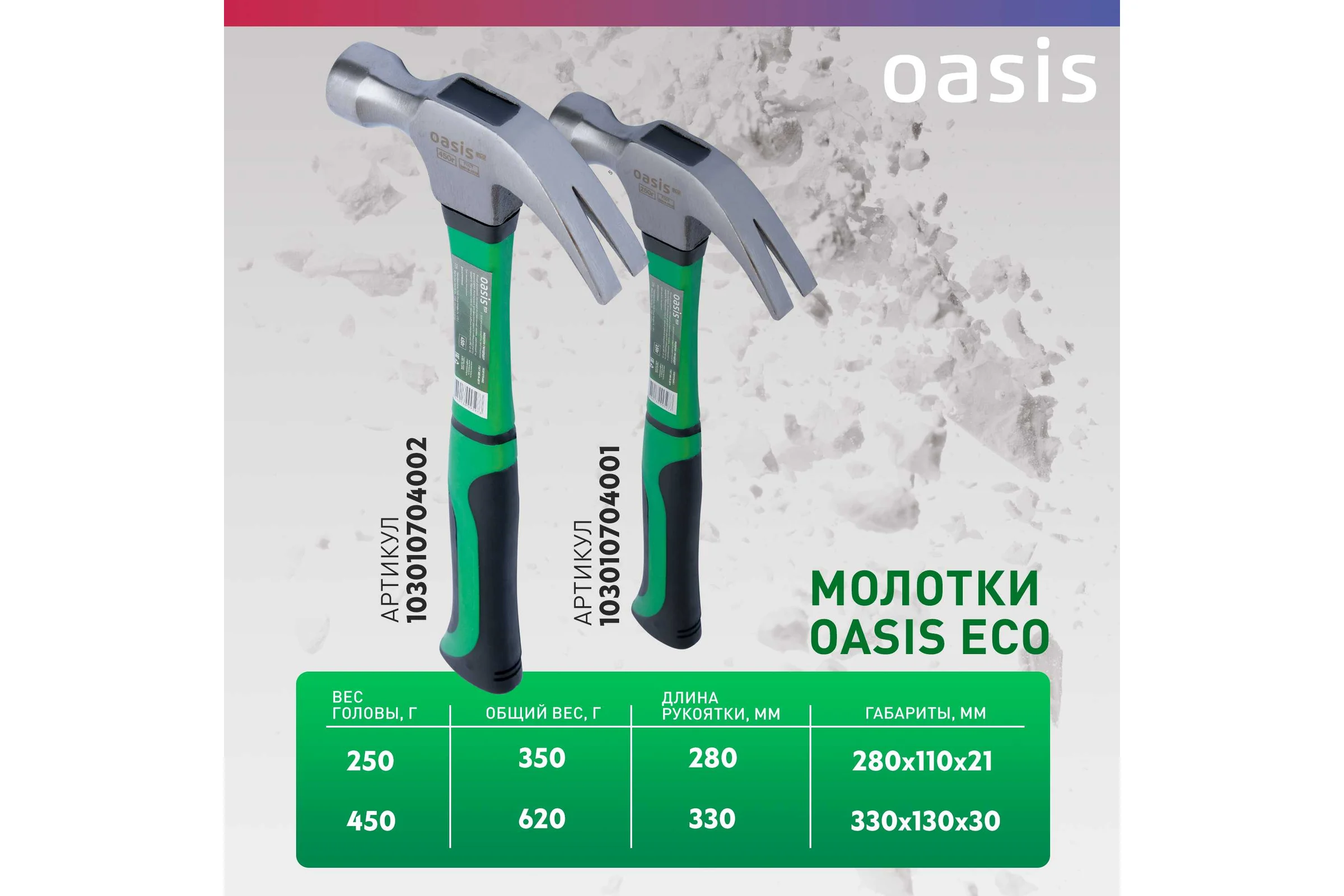 Молоток-гвоздодер OASIS с обрезиненной фибергласовой рукояткой Eco 450 г 103010704002