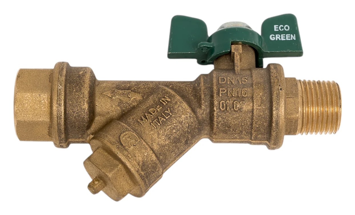 Kран шаровой для воды Bugatti с фильтром Eco Valve Rp1/2" x R1/2" DN15 PN20 арт.743G 0743G04