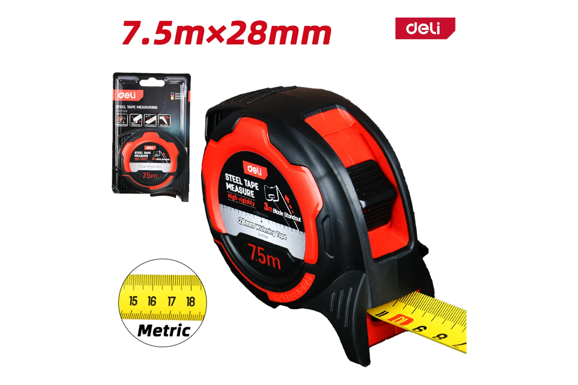 Рулетка DELI DL377528 7,5м x 28мм, метрическая, противоударный корпус 166310