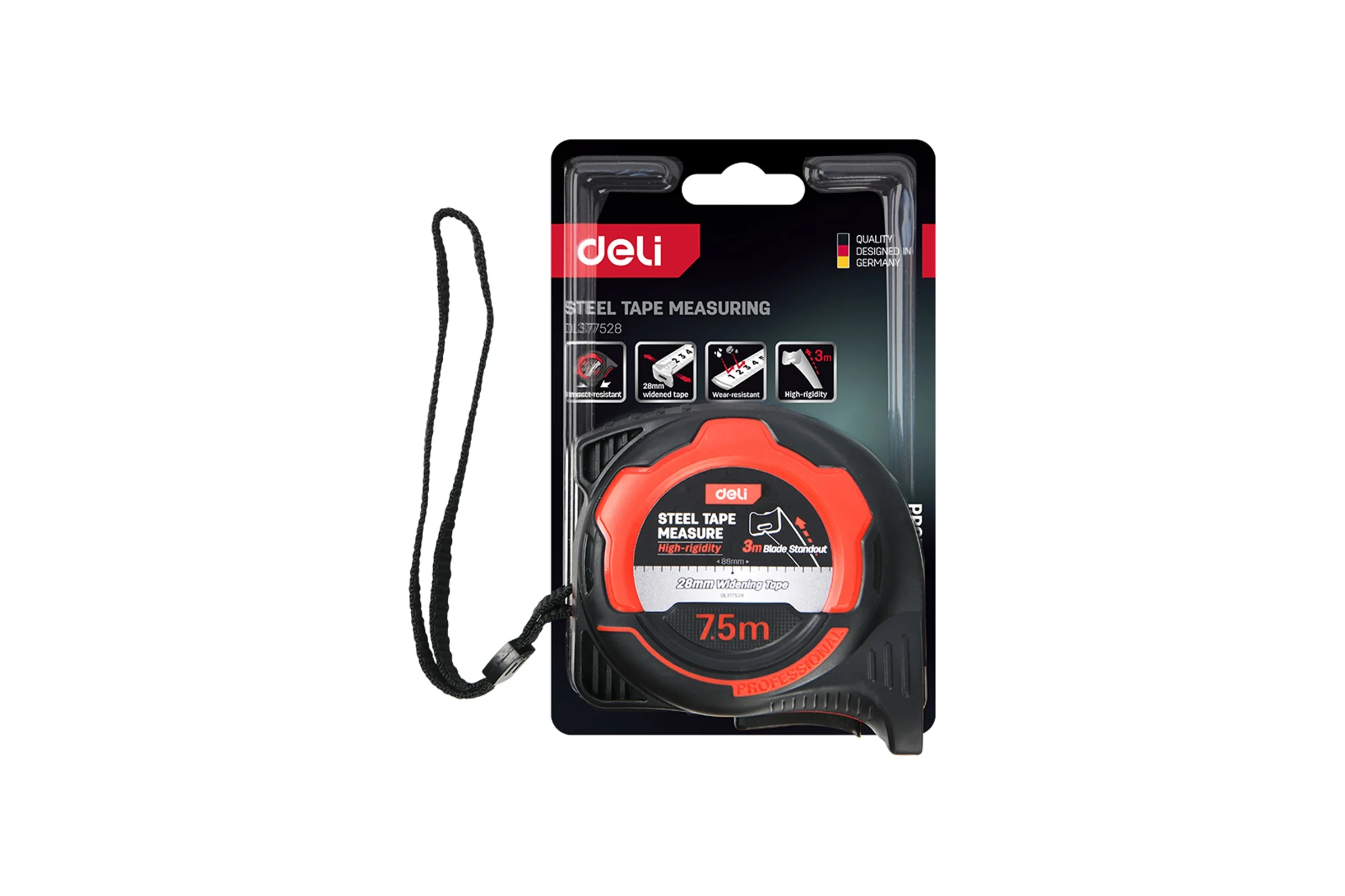 Рулетка DELI DL377528 7,5м x 28мм, метрическая, противоударный корпус 166310