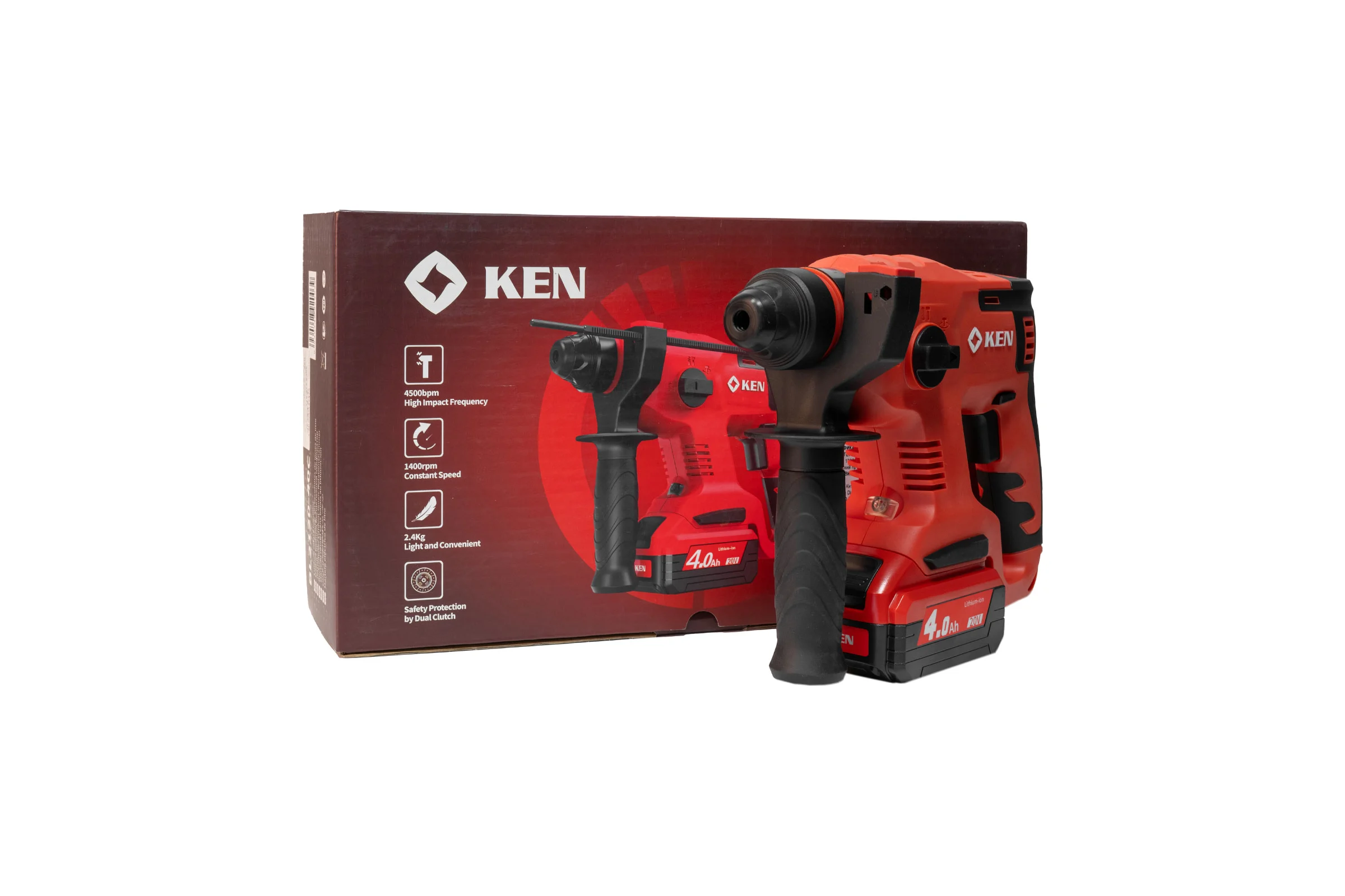 Перфоратор KEN BL2120-40C (20V 4.0AhВ) с регулировкой оборотов, 3-22 мм, 0-1400об/мин 115.413.9405