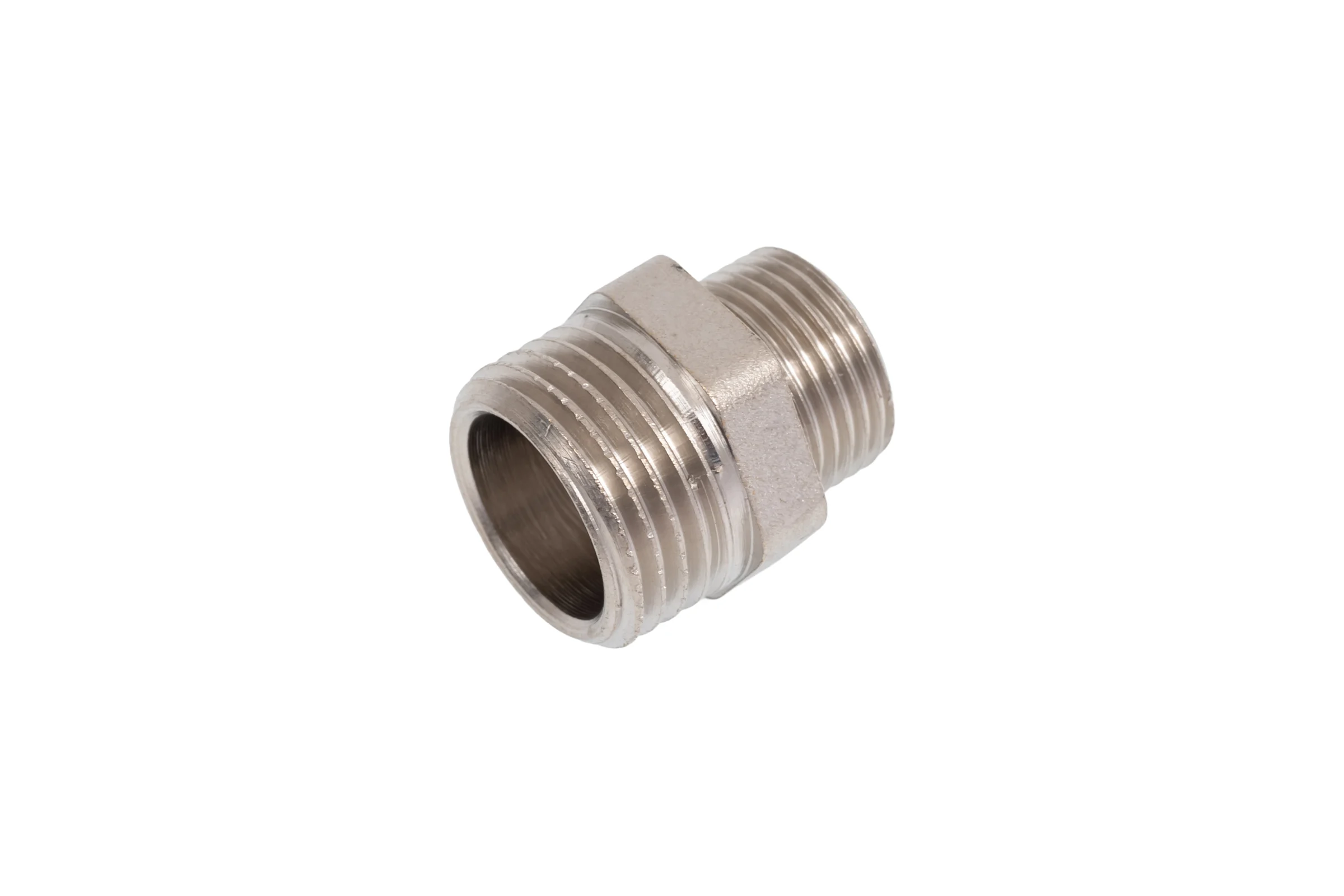 Ниппель переходной LD PRIDE DN15х10 (1/2"НР х 3/8"НР) латунь никель с биркой LD.67.513.15х10