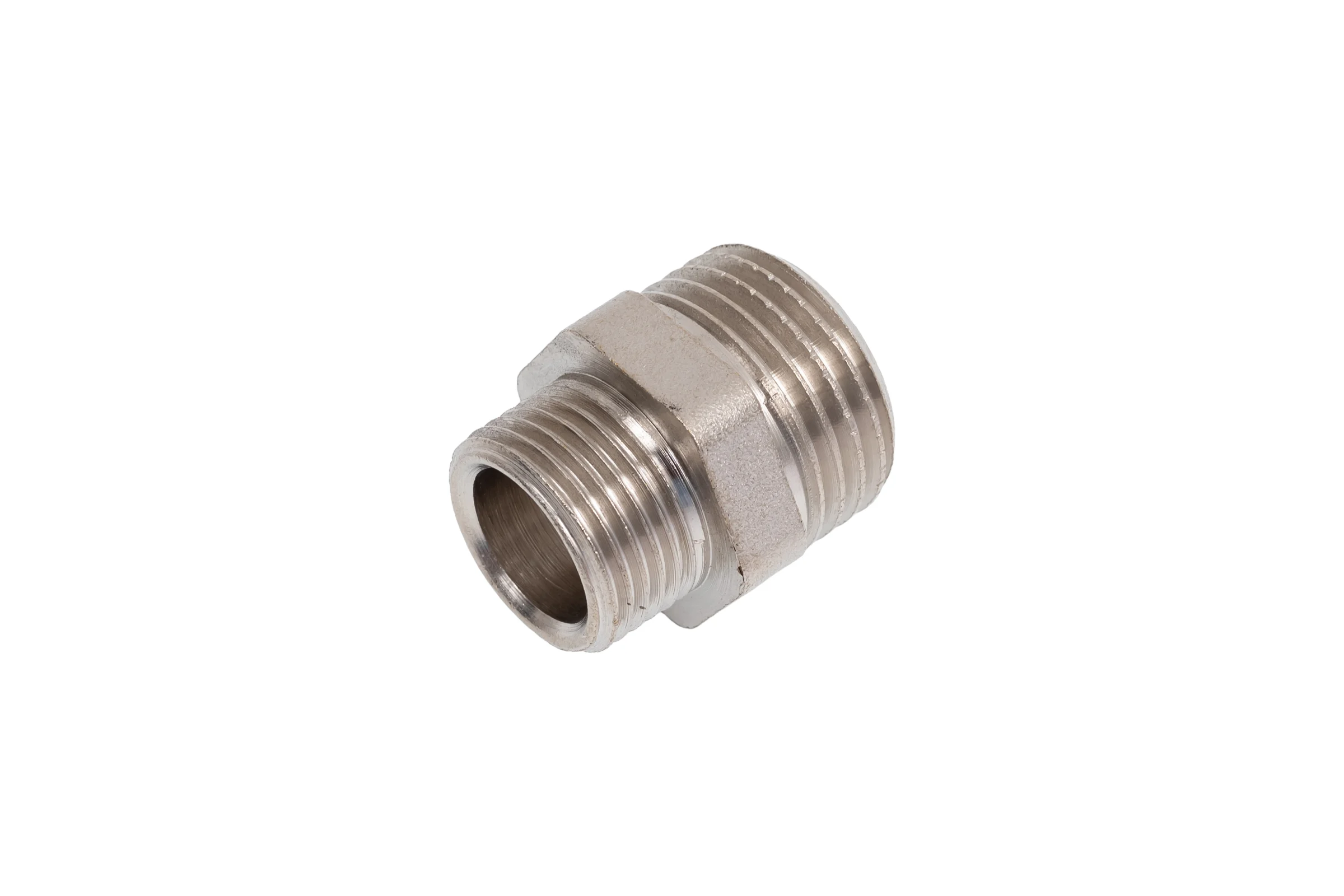 Ниппель переходной LD PRIDE DN15х10 (1/2"НР х 3/8"НР) латунь никель с биркой LD.67.513.15х10