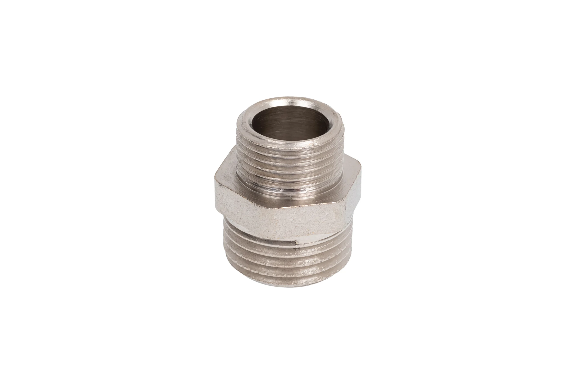 Ниппель переходной LD PRIDE DN15х10 (1/2"НР х 3/8"НР) латунь никель с биркой LD.67.513.15х10