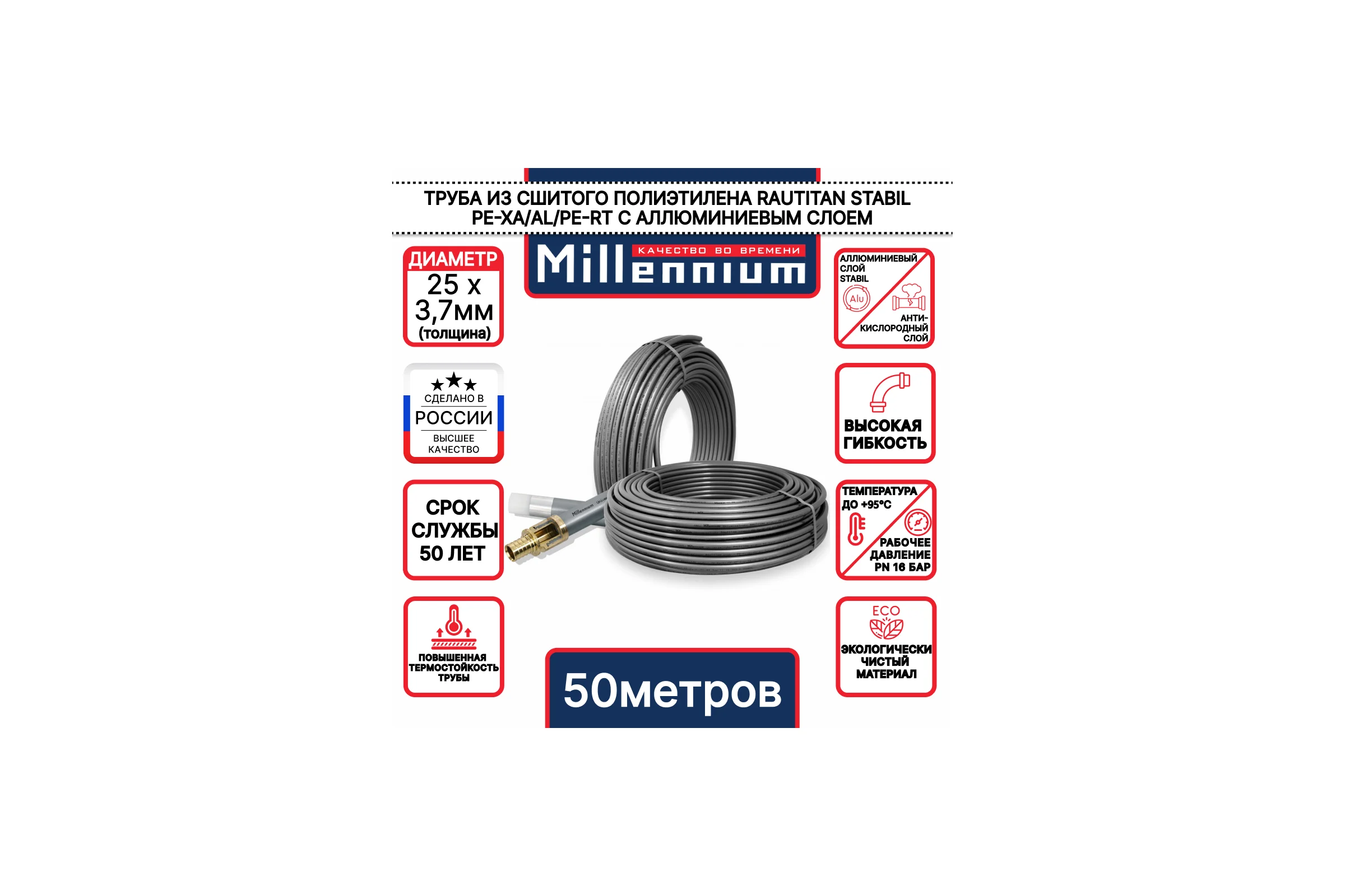 Труба из сшитого полиэтилена Millennium с алюминиевым слоем RAUTITAN Stabil ф25x3,7 (50 м) TPST2537