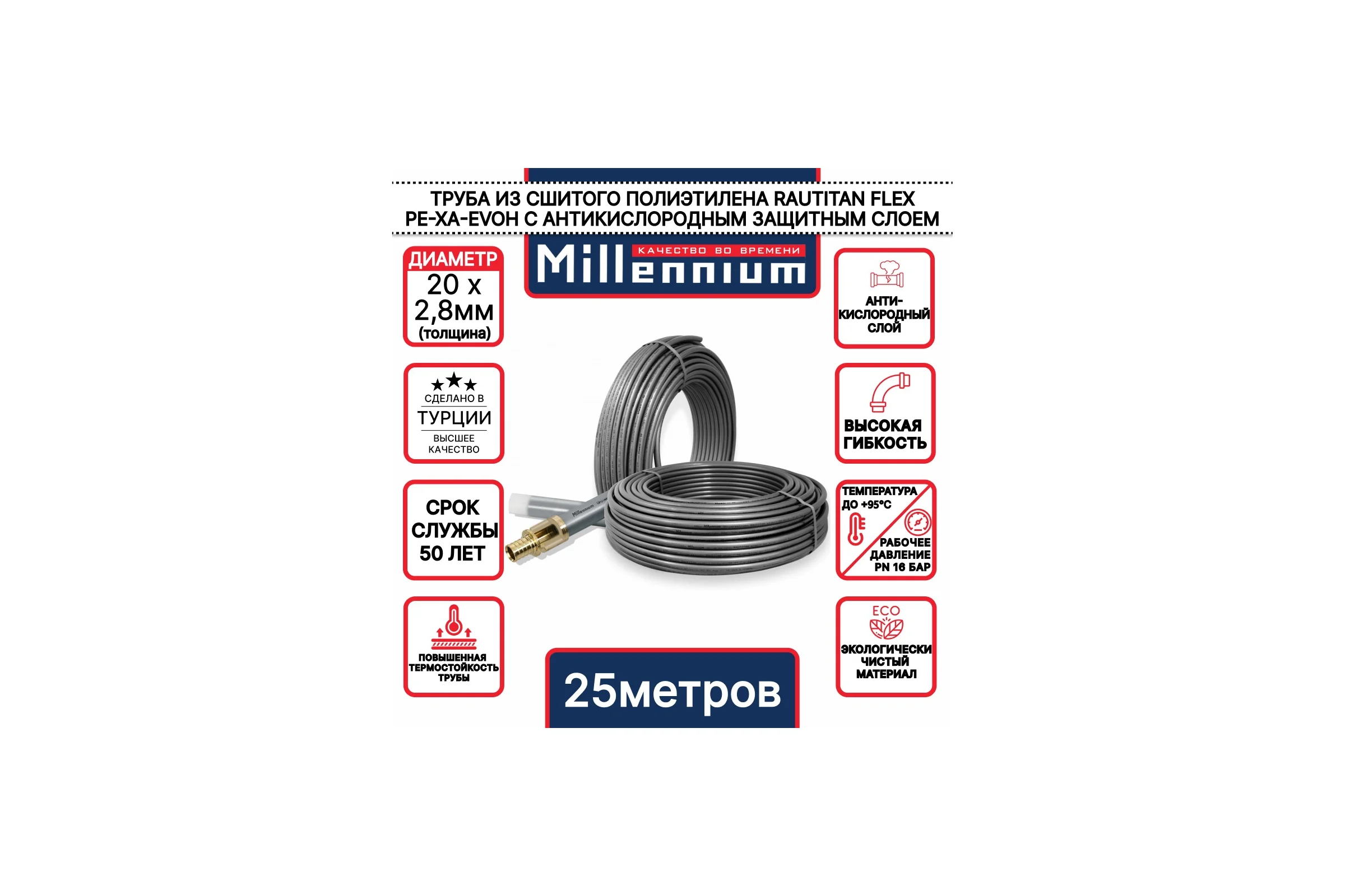 Труба из сшитого полиэтилена Millennium серый с антикислородным барьером RAUTITAN STABIL PE-Xa/EVOH ф20x2,8 25м. TPXA202825