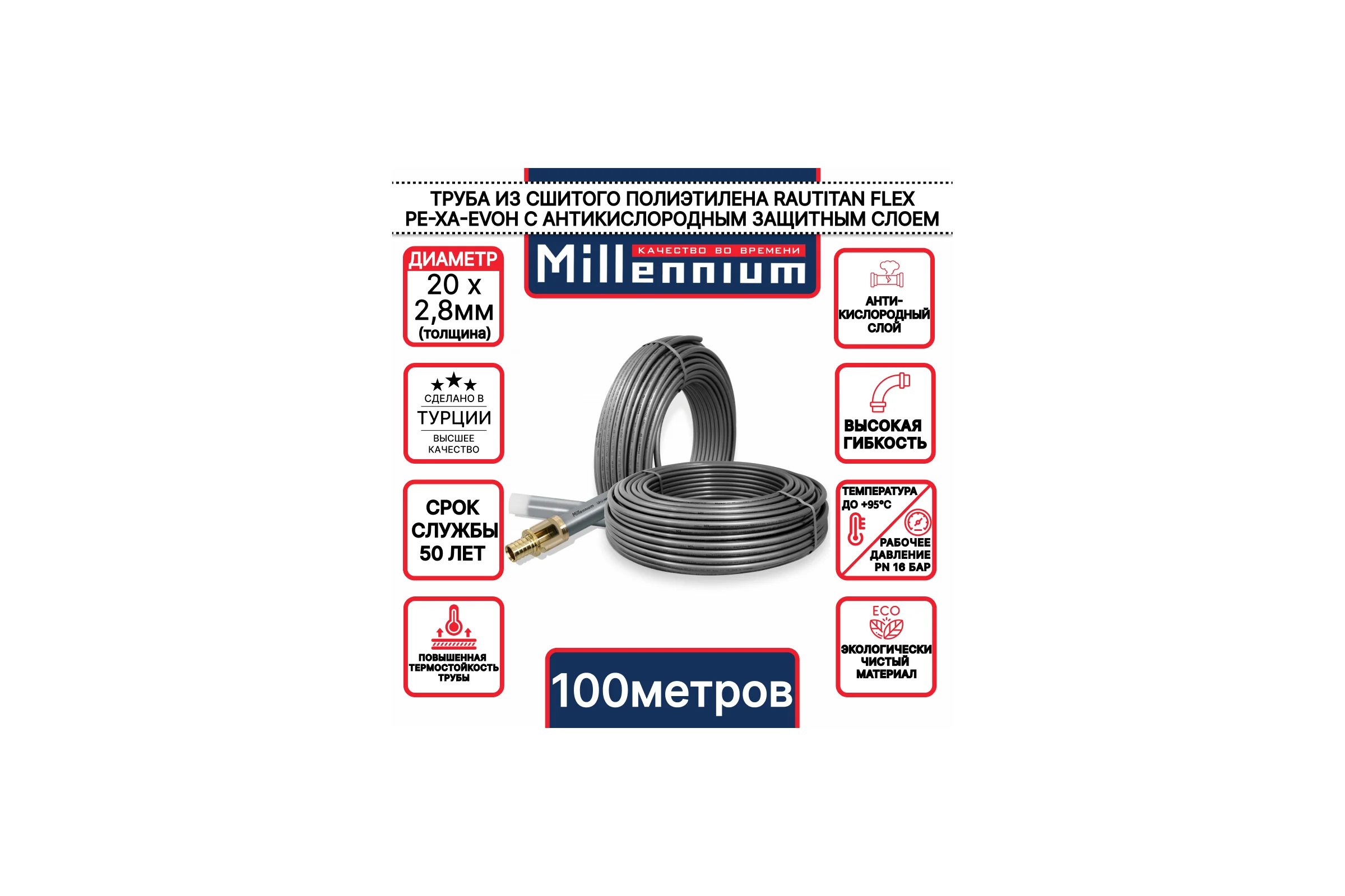 Труба из сшитого полиэтилена Millennium серый с антикислородным барьером RAUTITAN STABIL PE-Xa/EVOH 20х2,8 100м. (Турция) TPXA202810