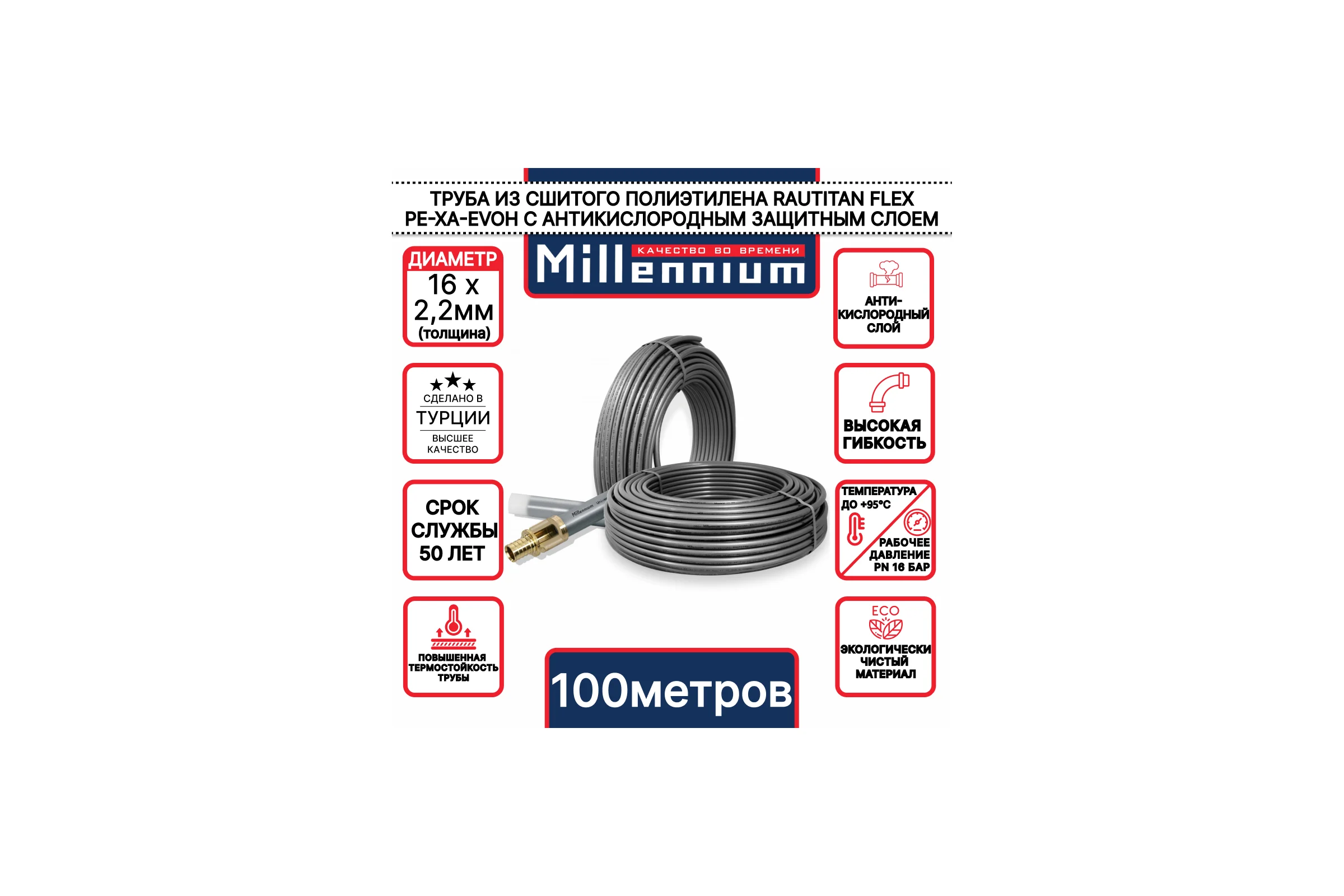 Труба из сшитого полиэтилена Millennium 16х2,2 100м. серый с антикислородным барьером RAUTITAN Flex PE-Xa/EVOH TPXA162210