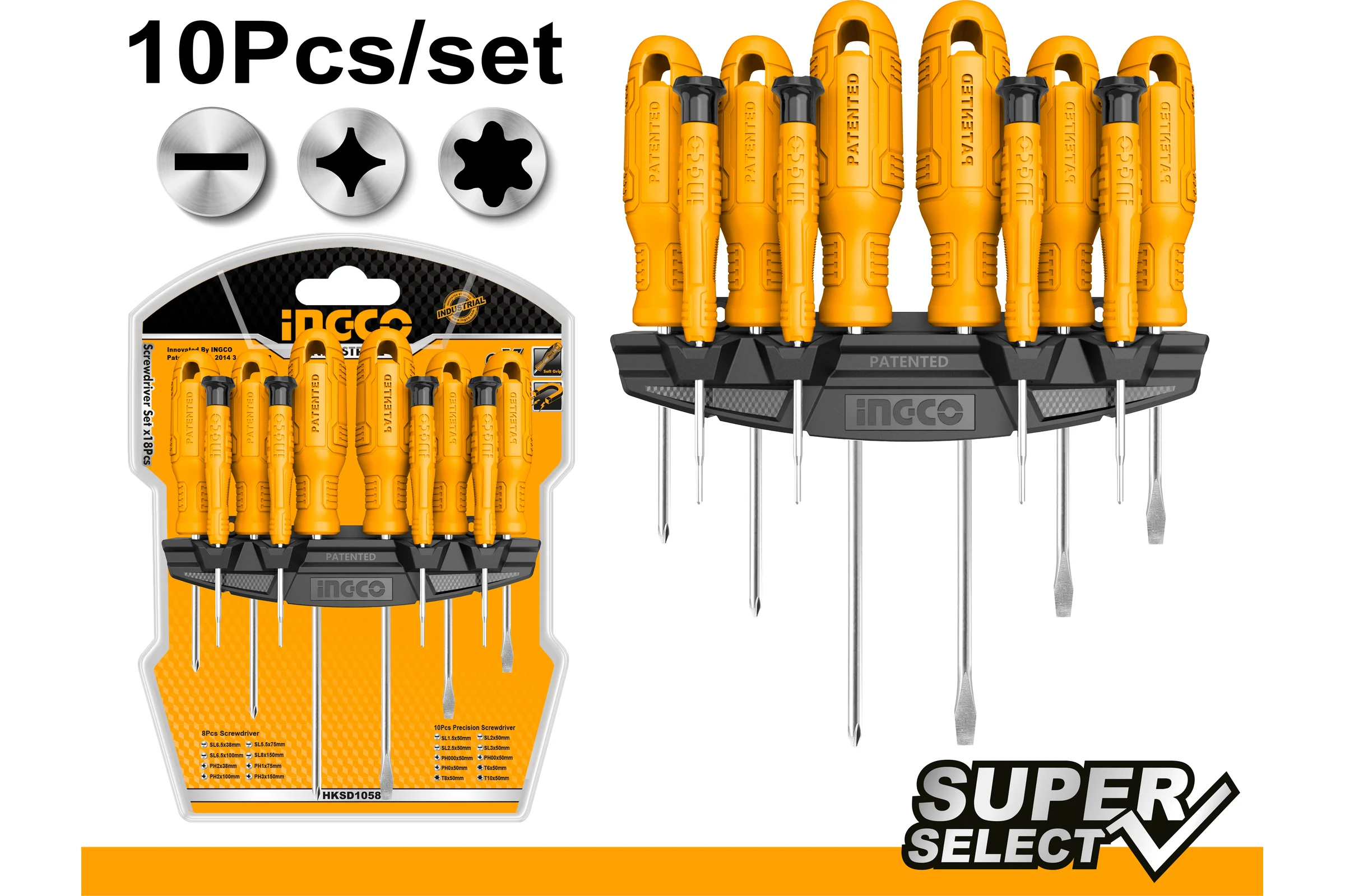 Набор отверток INGCO 10 шт. SUPER select Cr-V HKSD1058