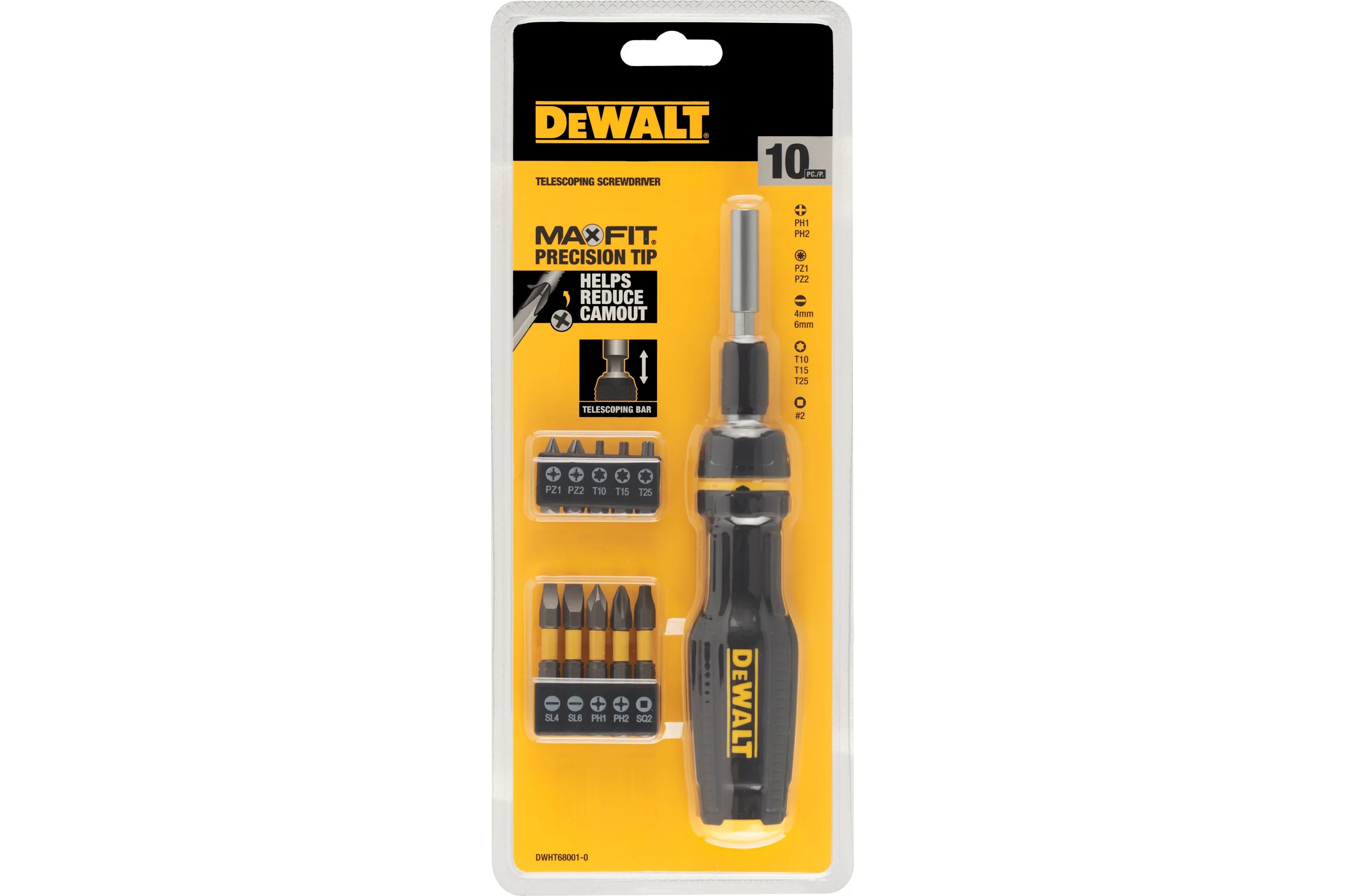 Отвертка телескопическая Dewalt со сменными битами, 10 бит DWHT68001-0
