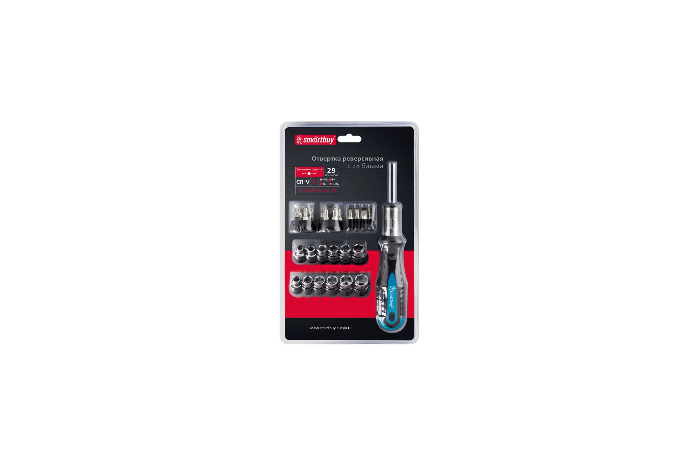 Отвертка реверсивная Smartbuy 28 насадок (биты, SL, PH, HEX, TORX, головки) CR-V сталь Tools SBT-SCBS-29P2