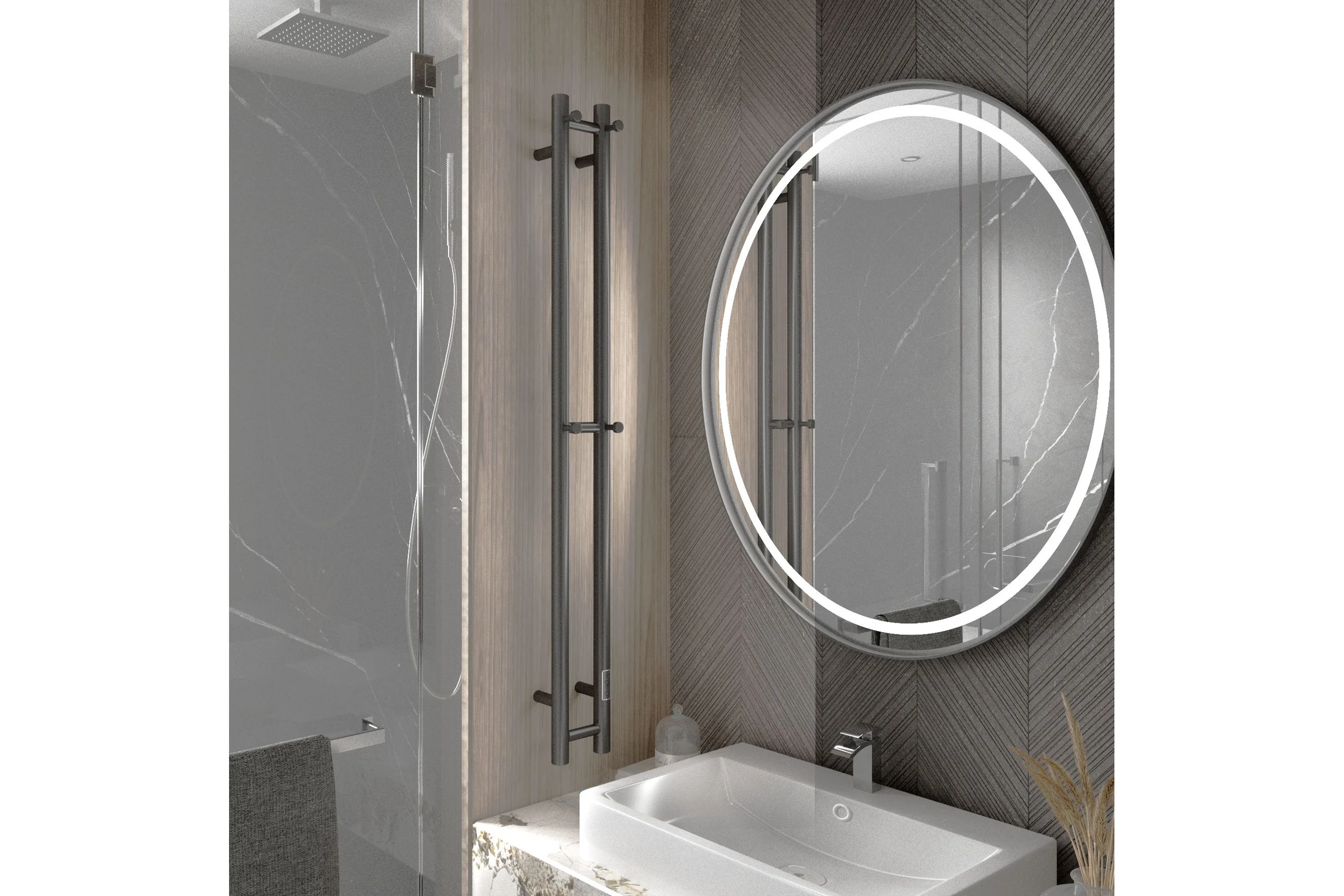 Полотенцесушитель дизайнерский электрический Bauedge BAU Stella Gun Grey 8x120, 2 коллектора, 2 крючка, темно-серый металлик DB-0103