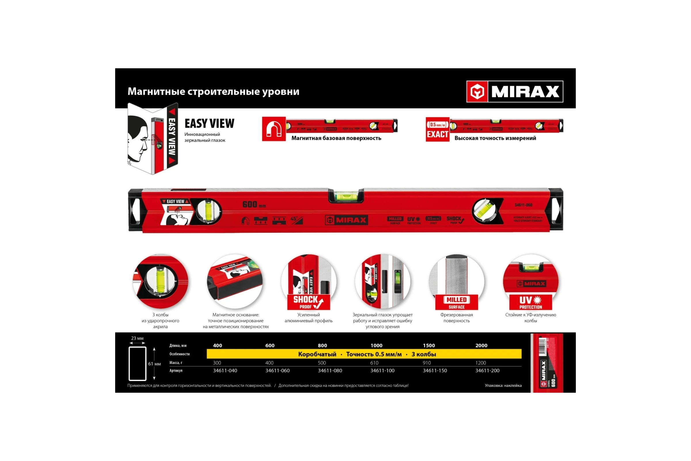 Магнитный строительный уровень MIRAX 1000 мм 34611-100