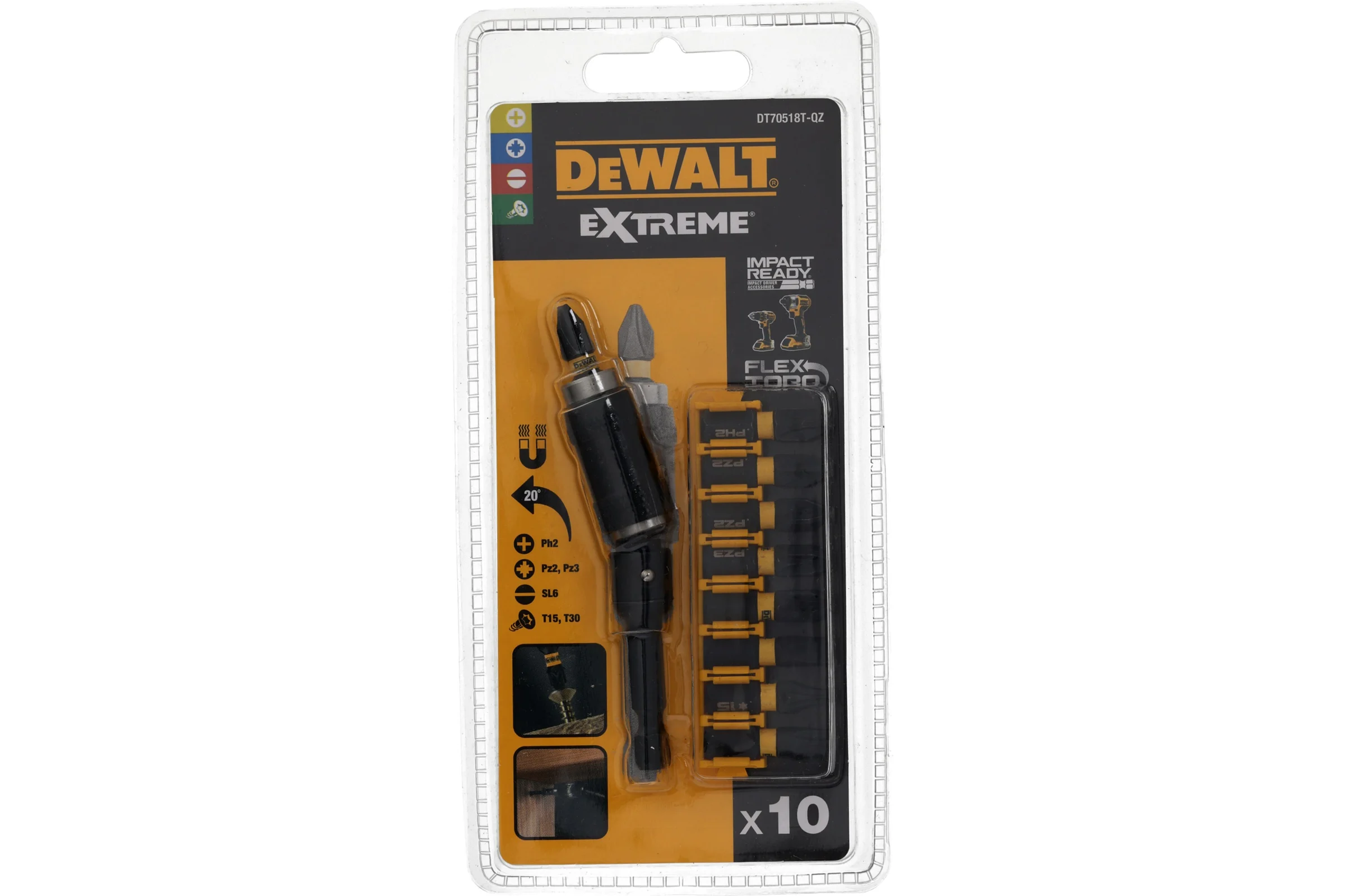 Бита Dewalt PH2, PZ2, PZ3, T15, T30, SL6, 25 мм, шестигранный (HEX), 10 шт DT70518T-QZ