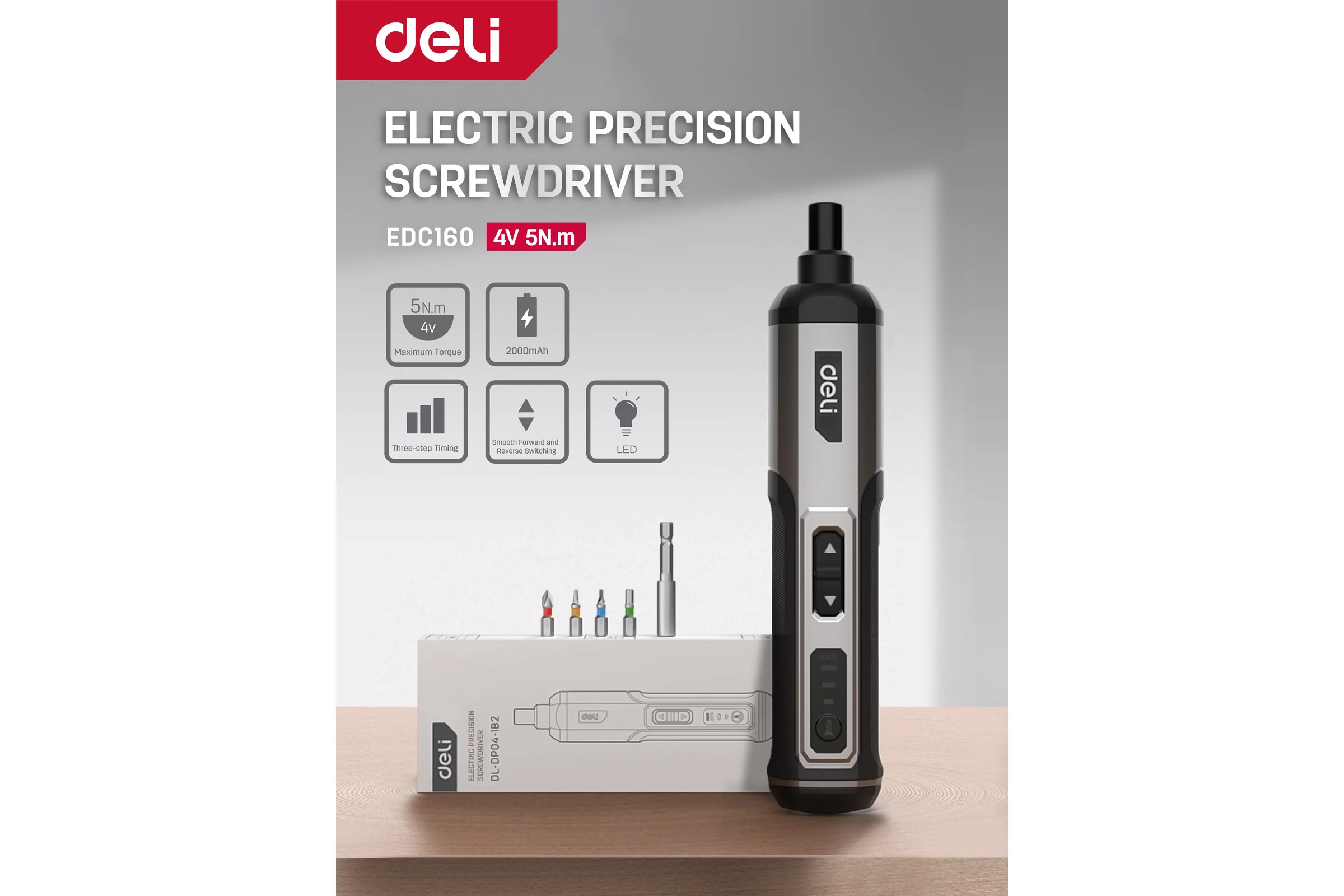 Отвертка аккумуляторная DELI DC160 (4В х 2Ач, 5Нм, 300об/мин, Type-C, набор бит 4 шт, коробка) 162800