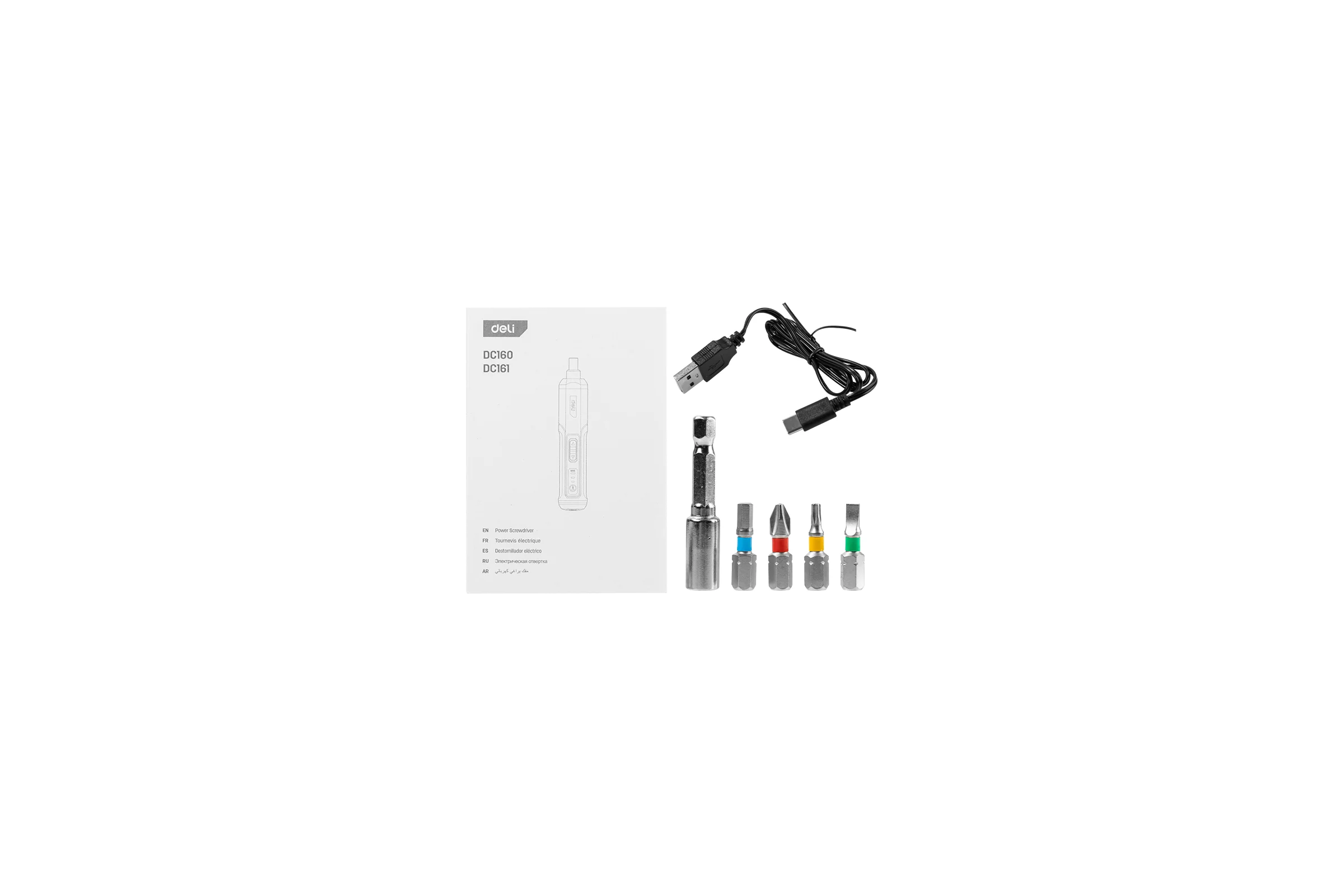 Отвертка аккумуляторная DELI DC160 (4В х 2Ач, 5Нм, 300об/мин, Type-C, набор бит 4 шт, коробка) 162800